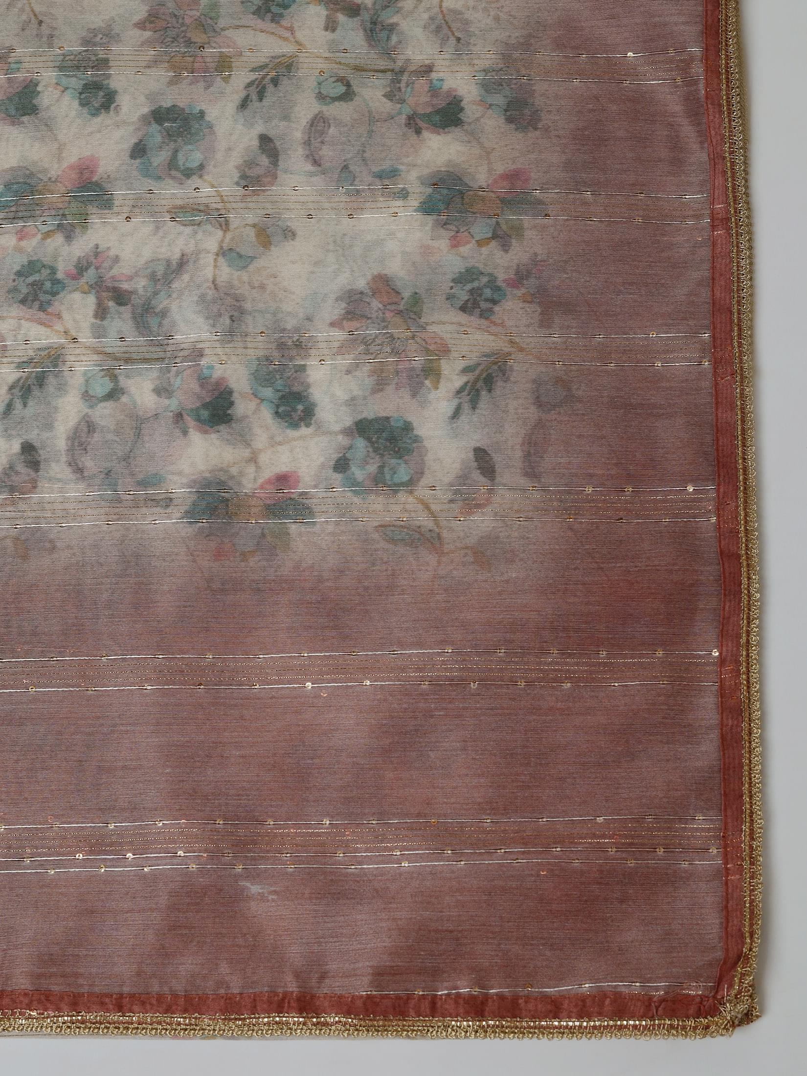 Women Silk Blend Peach Embroidered Kurta Comfort Pant With Dupatta.