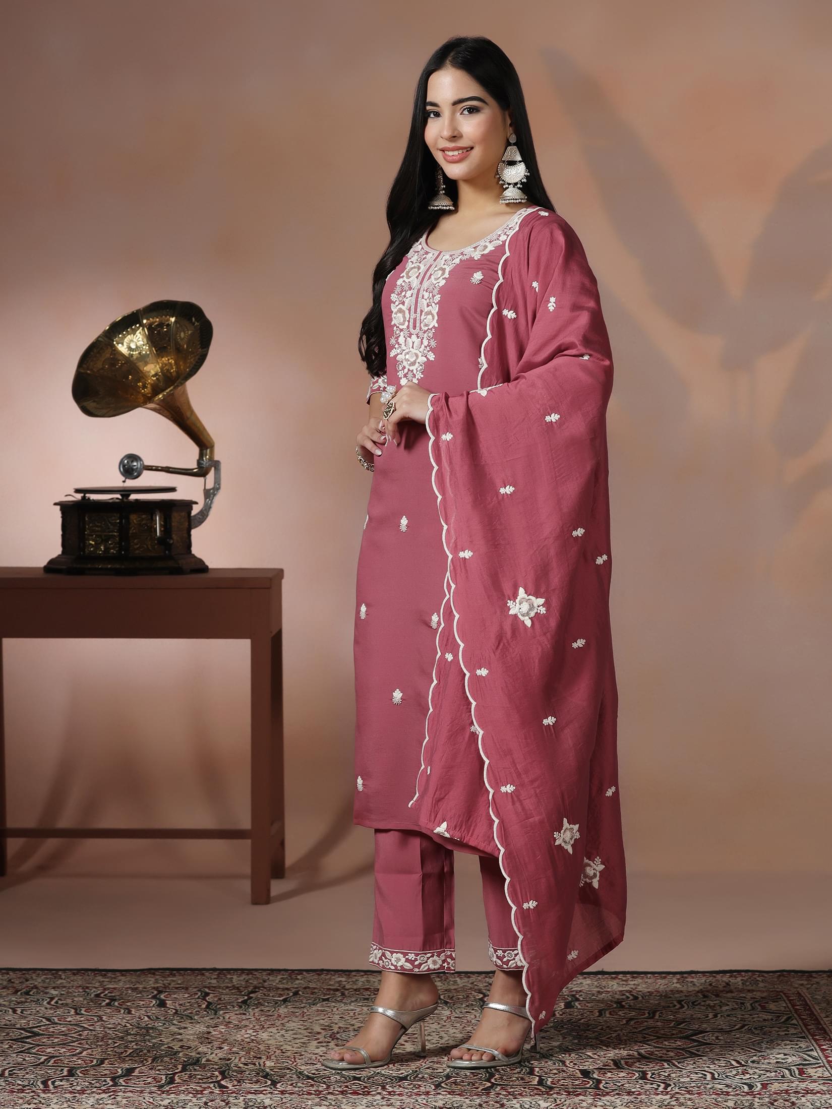 Women Silk Blend Peach Embroidered Kurta Comfort Pant Dupatta.