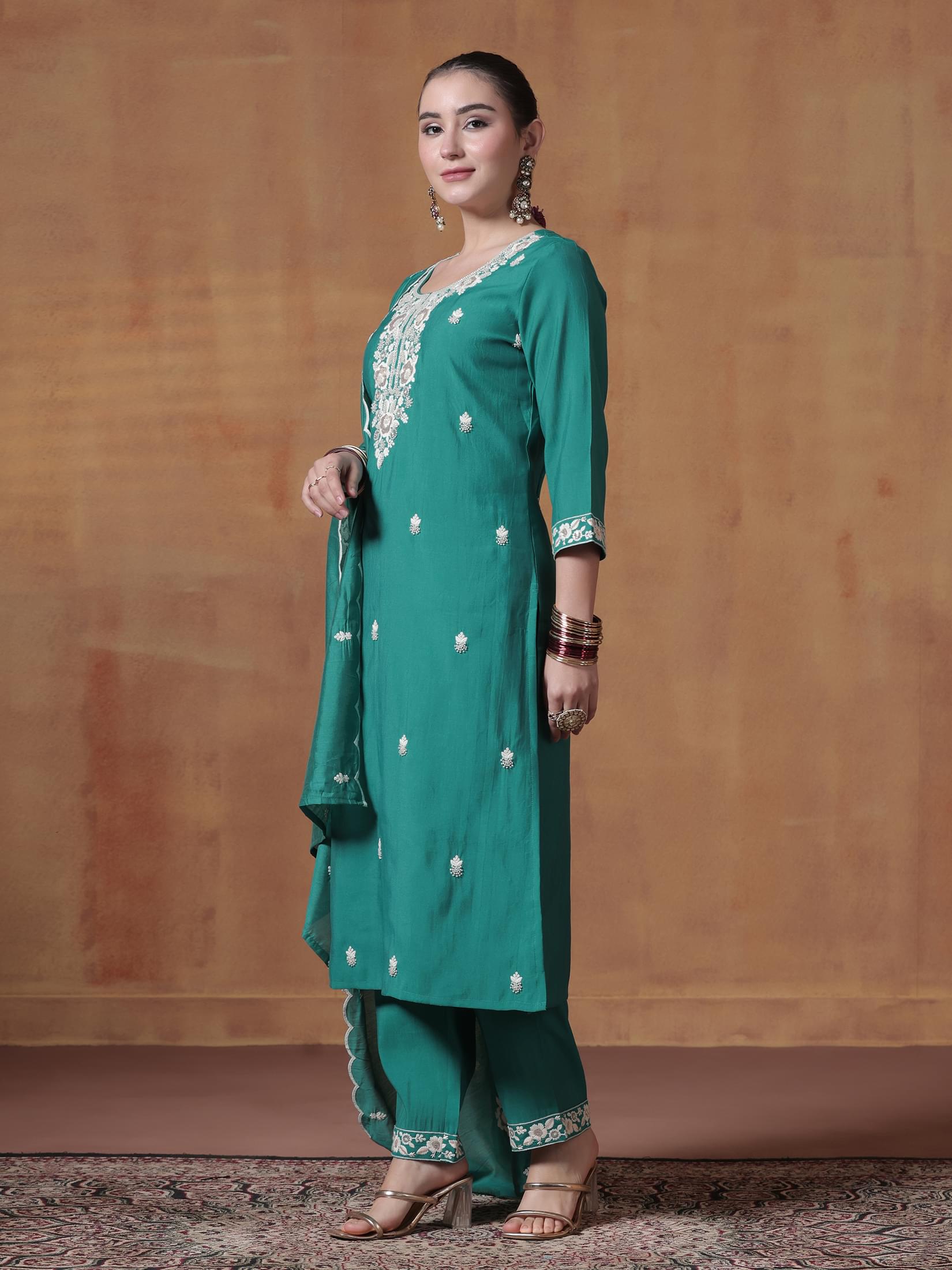 Women Silk Blend Turquoise Blue Embroidered Kurta Comfort Pant Dupatta.