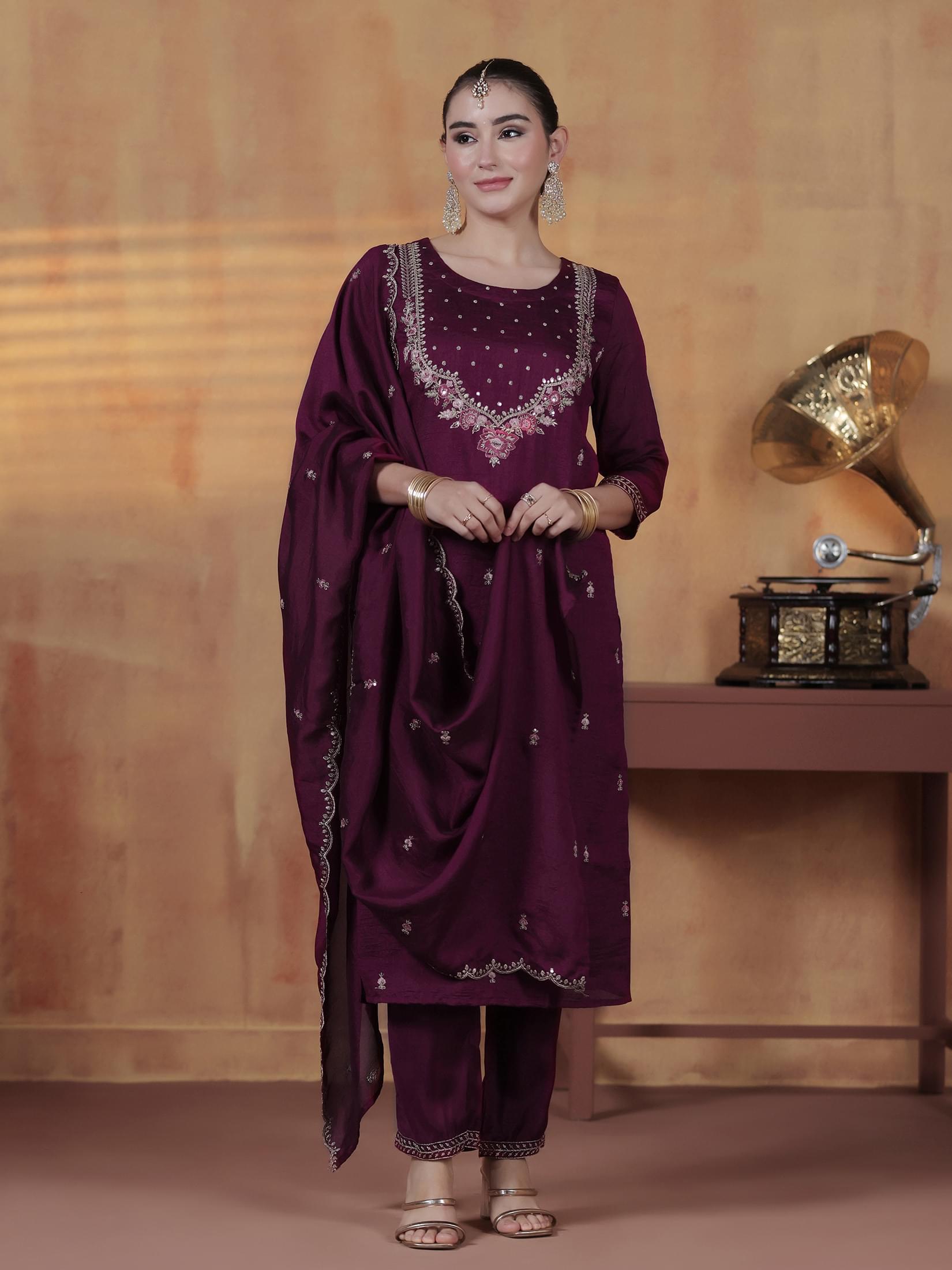 Women Silk Blend Orchid Embroidered Kurta With Comfort Pant Dupatta.