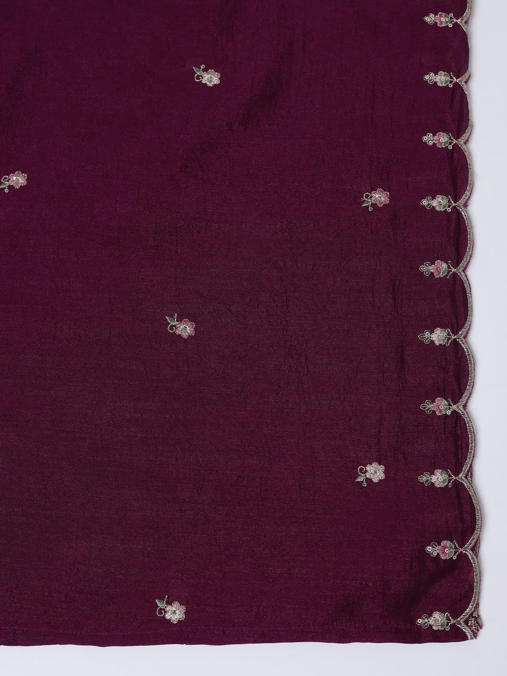 Women Silk Blend Orchid Embroidered Kurta With Comfort Pant Dupatta.