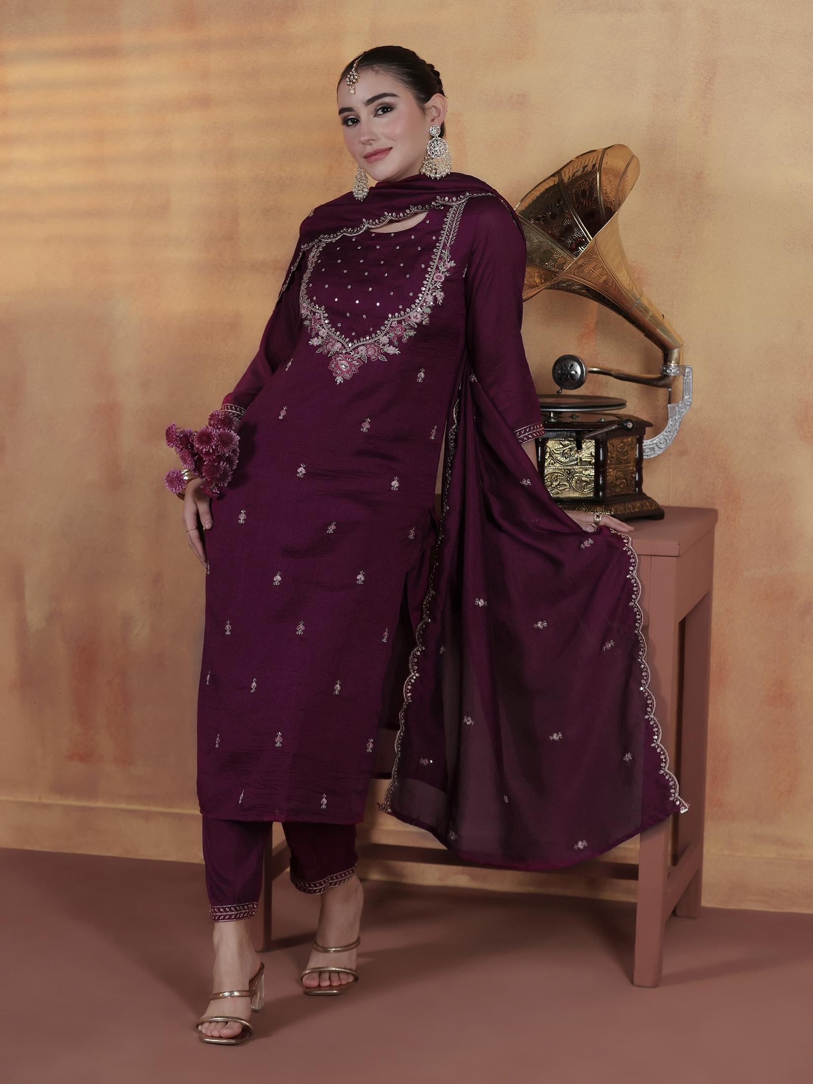 Light orchid embroidered silk blend premium quality straight suit with dupatta byshree