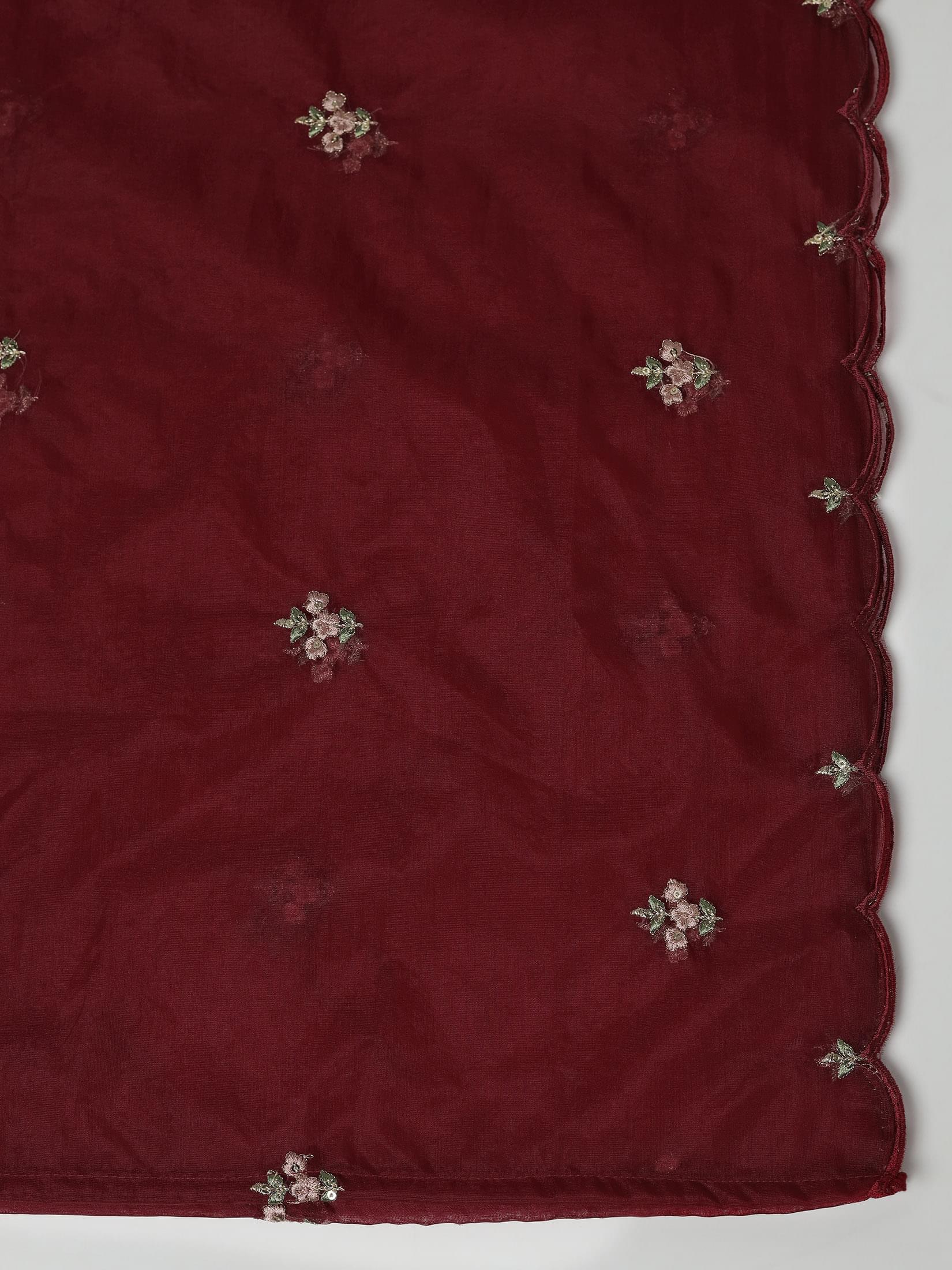 Women Silk Blend Maroon Embroidered Kurta Comfort Pant Dupatta.