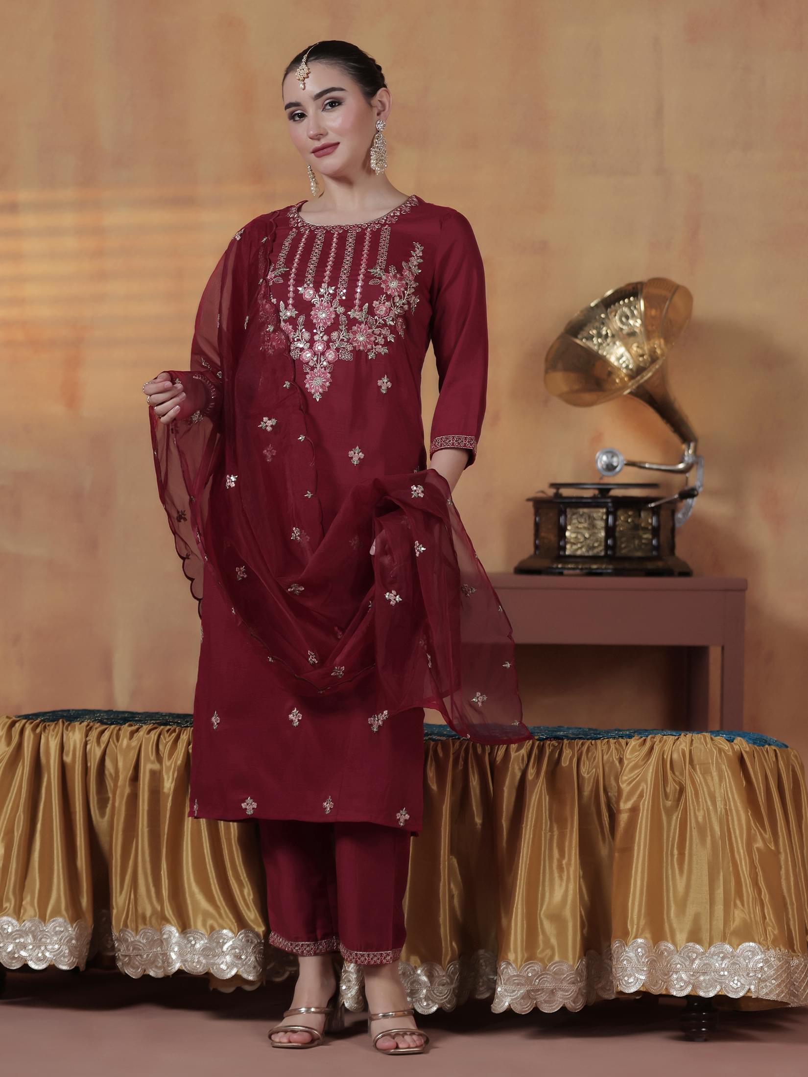 Deep maroon embroidered silk blend traditional trouser suit set for women