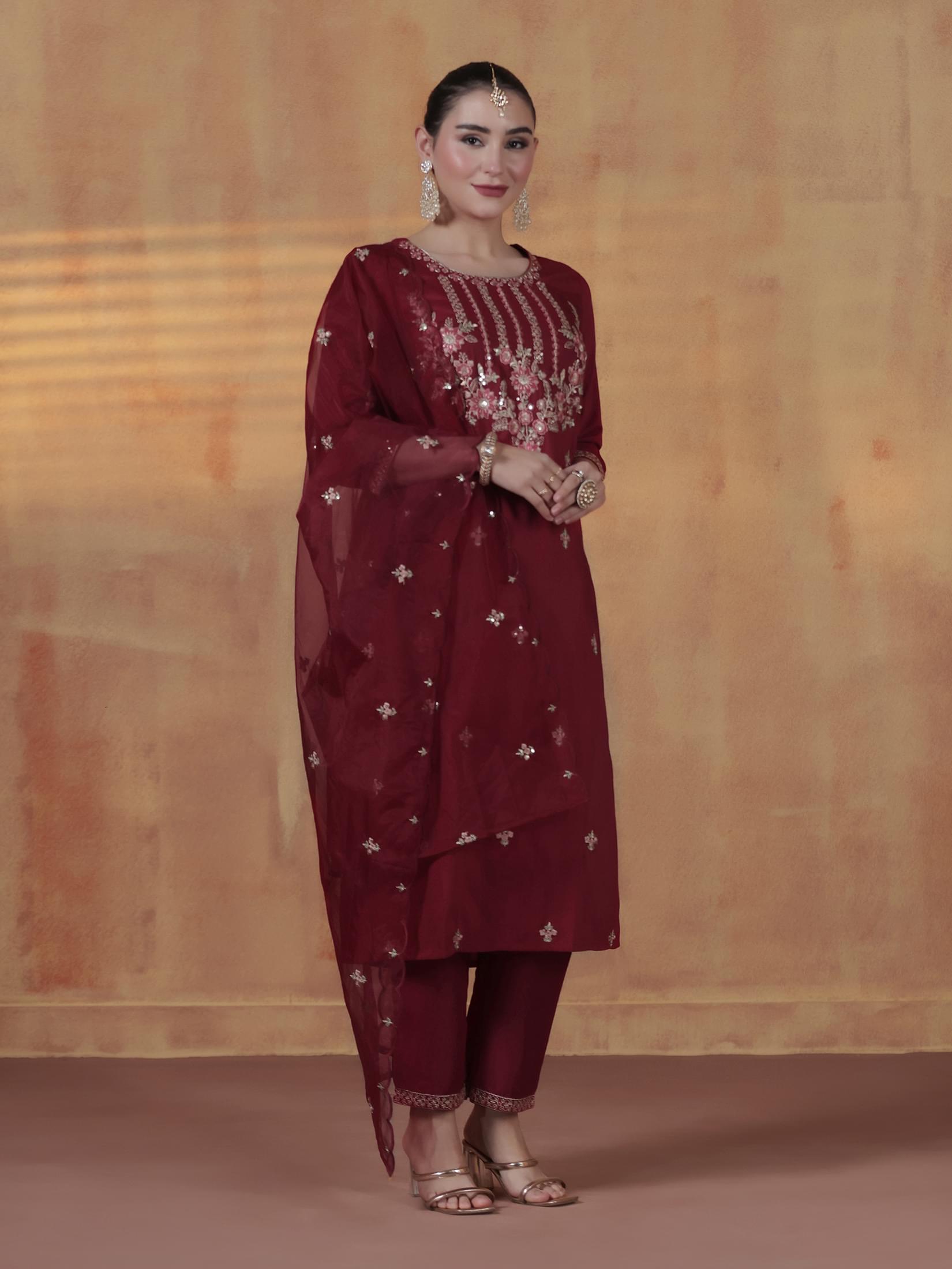Women Silk Blend Maroon Embroidered Kurta Comfort Pant Dupatta.