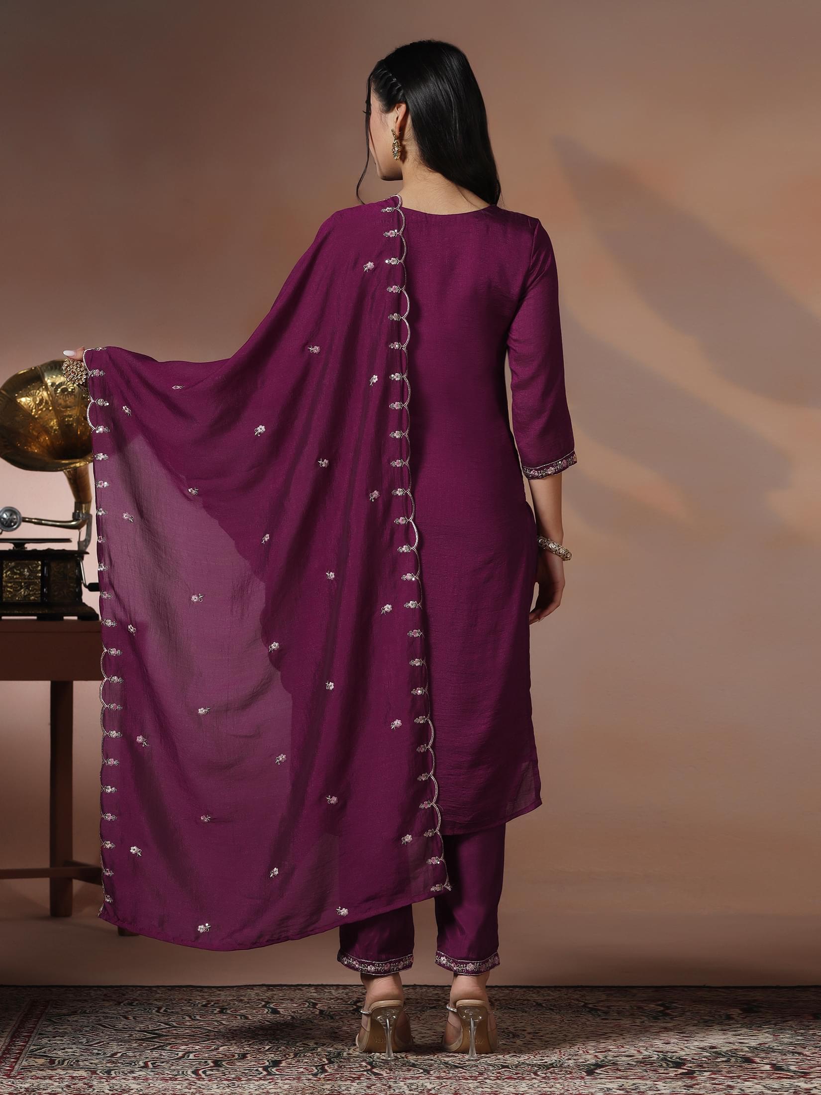 Women Silk Blend Orchid Embroidered Kurta Comfort Pant Dupatta.
