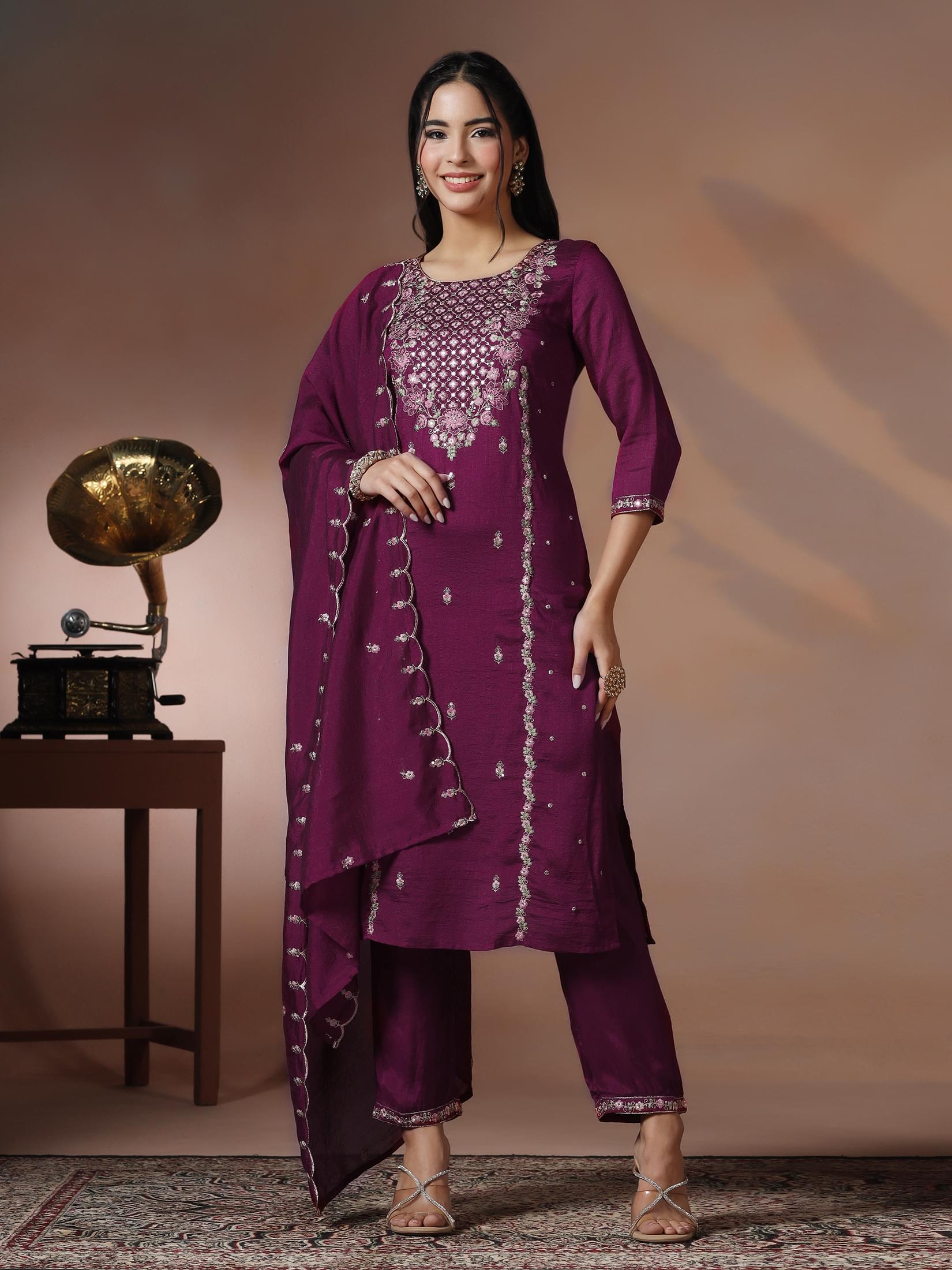 Orchid purple embroidered silk blend luxury ethnic suit with dupatta