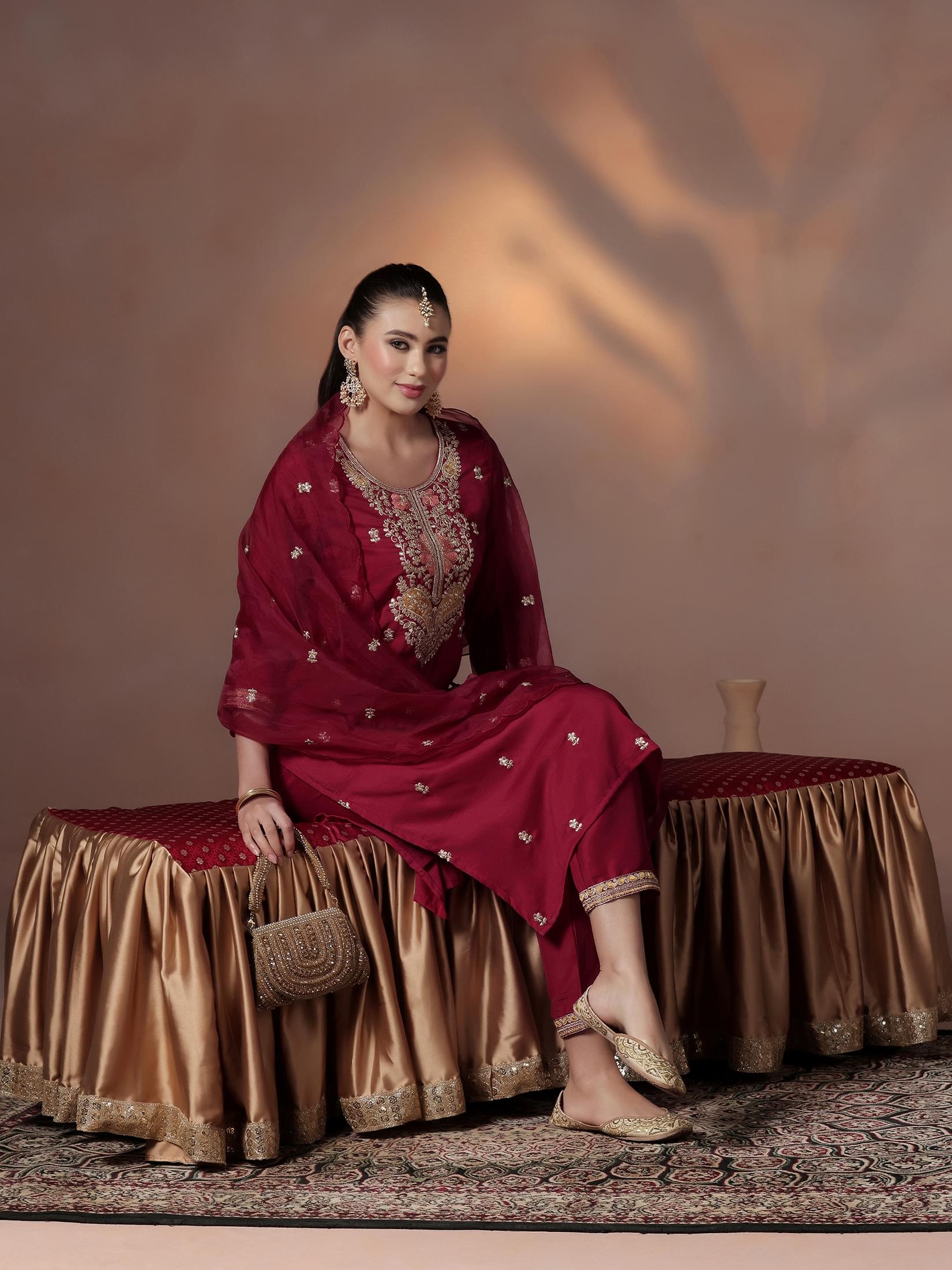 Rich maroon embroidered silk blend everyday comfort traditional salwar suit