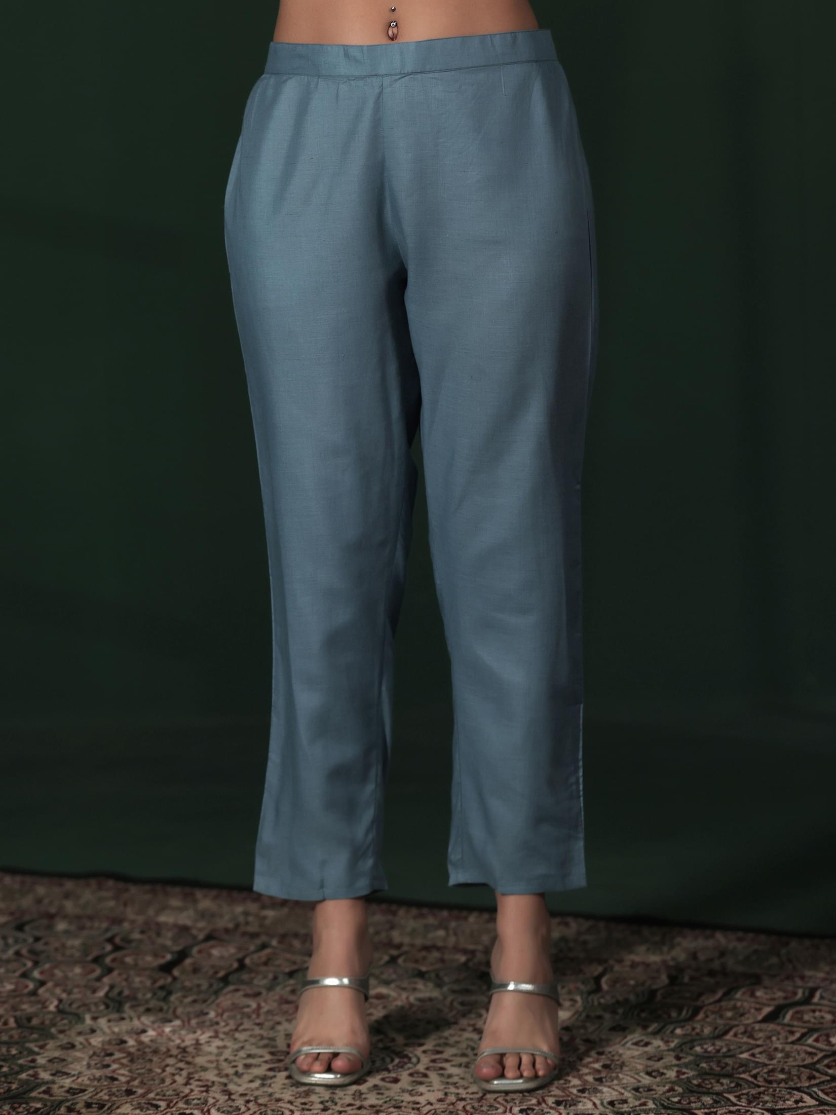 Women Cotton Blue Embroidered Kurta Comfort Pant Dupatta.