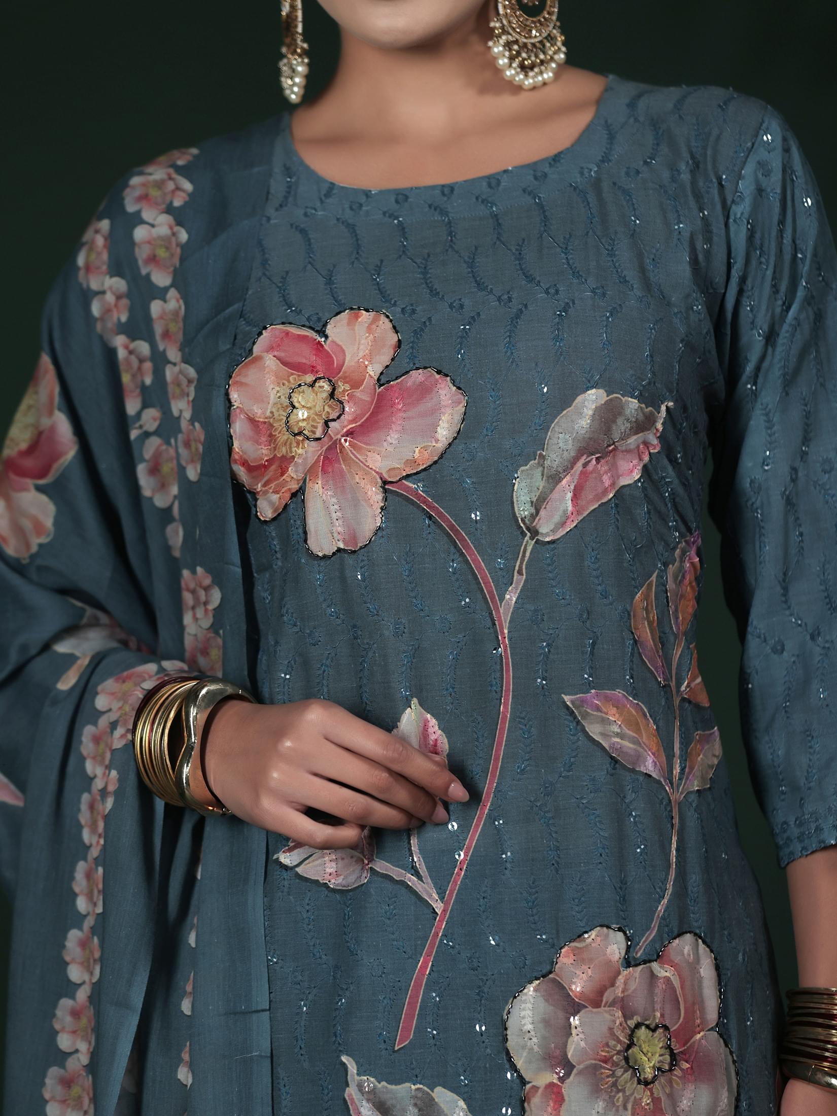 Women Cotton Blue Embroidered Kurta Comfort Pant Dupatta.