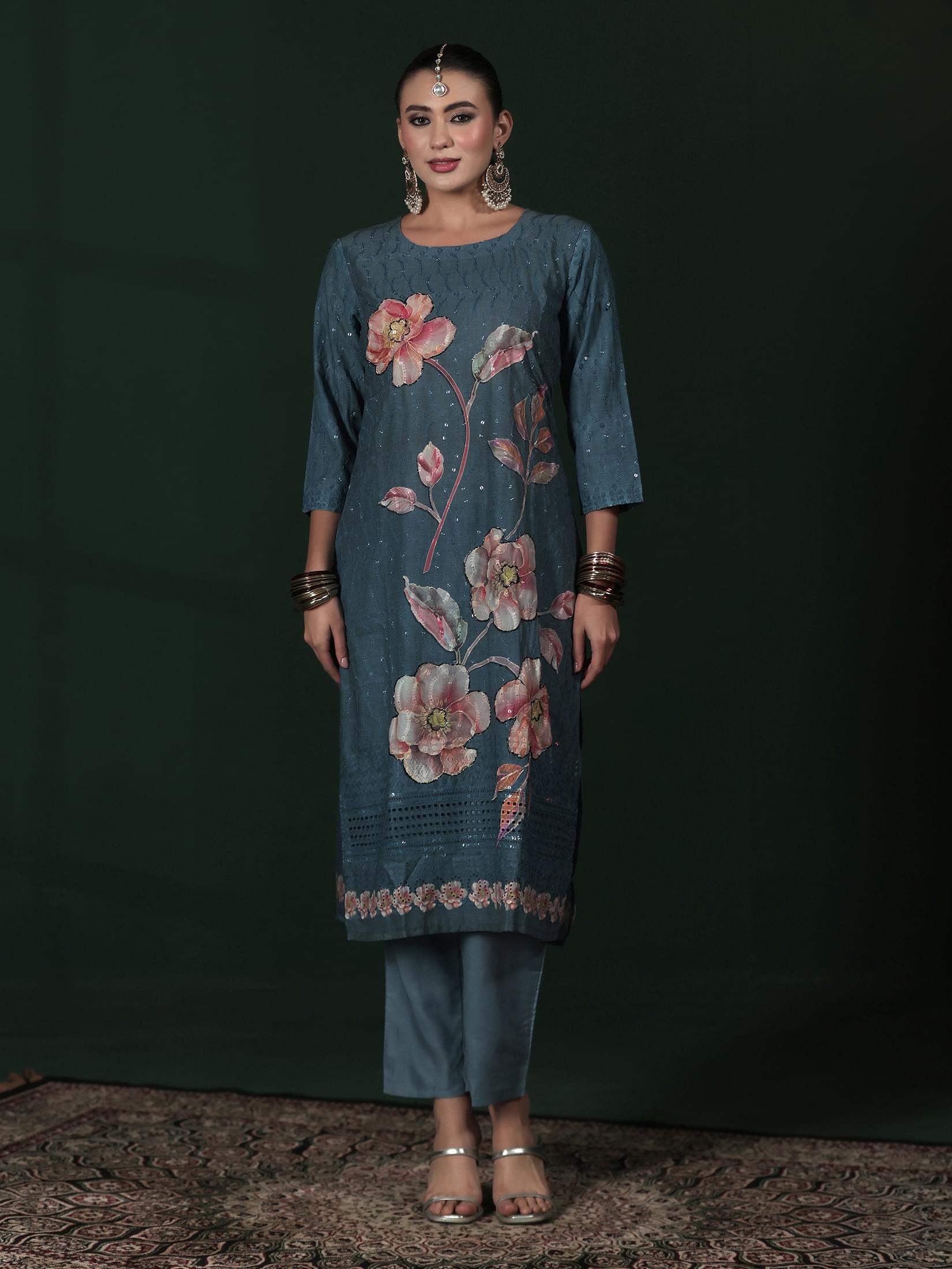 Women Cotton Blue Embroidered Kurta Comfort Pant Dupatta.