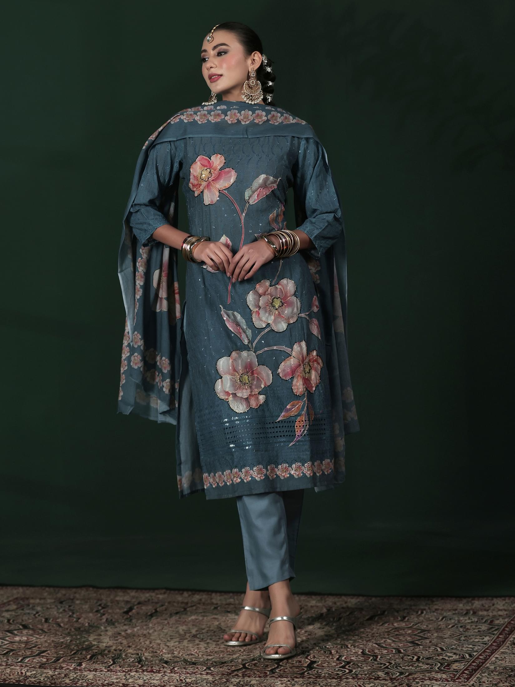 Women Cotton Blue Embroidered Kurta Comfort Pant Dupatta.