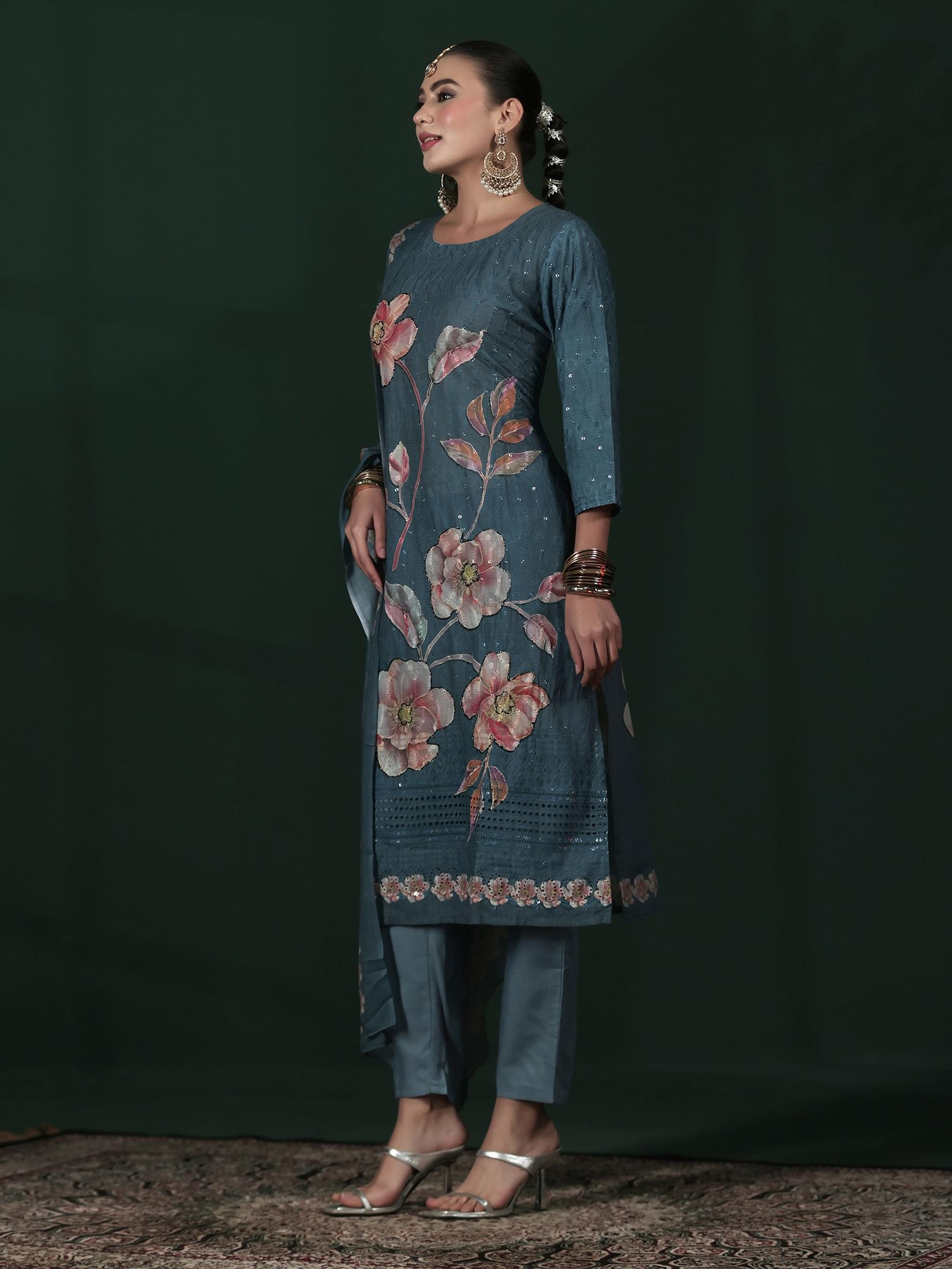 Women Cotton Blue Embroidered Kurta Comfort Pant Dupatta.