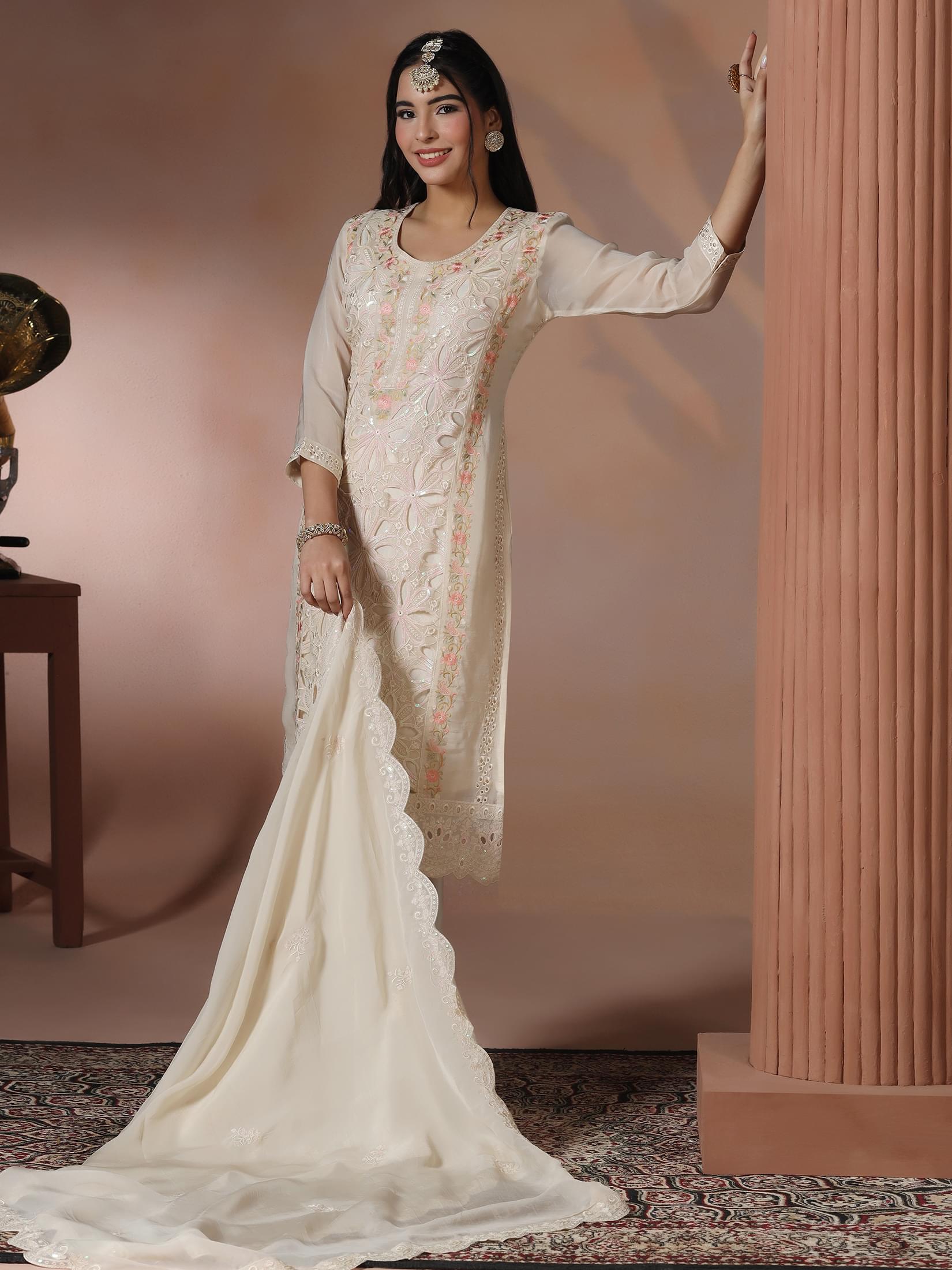 Women Organza Off White Embroidered Kurta Comfort Pant Dupatta.