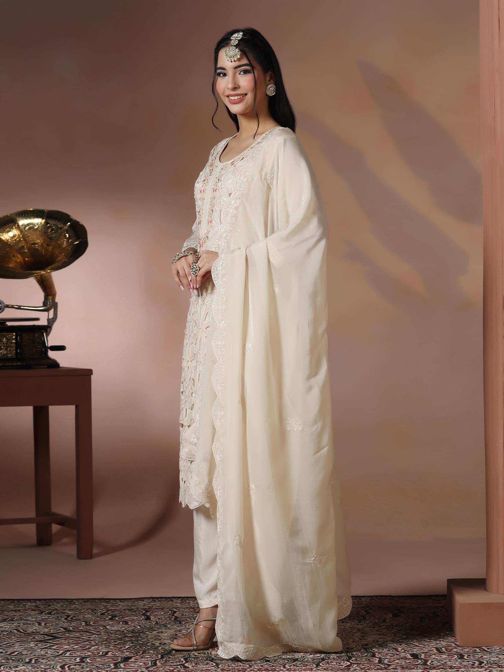 Women Organza Off White Embroidered Kurta Comfort Pant Dupatta.