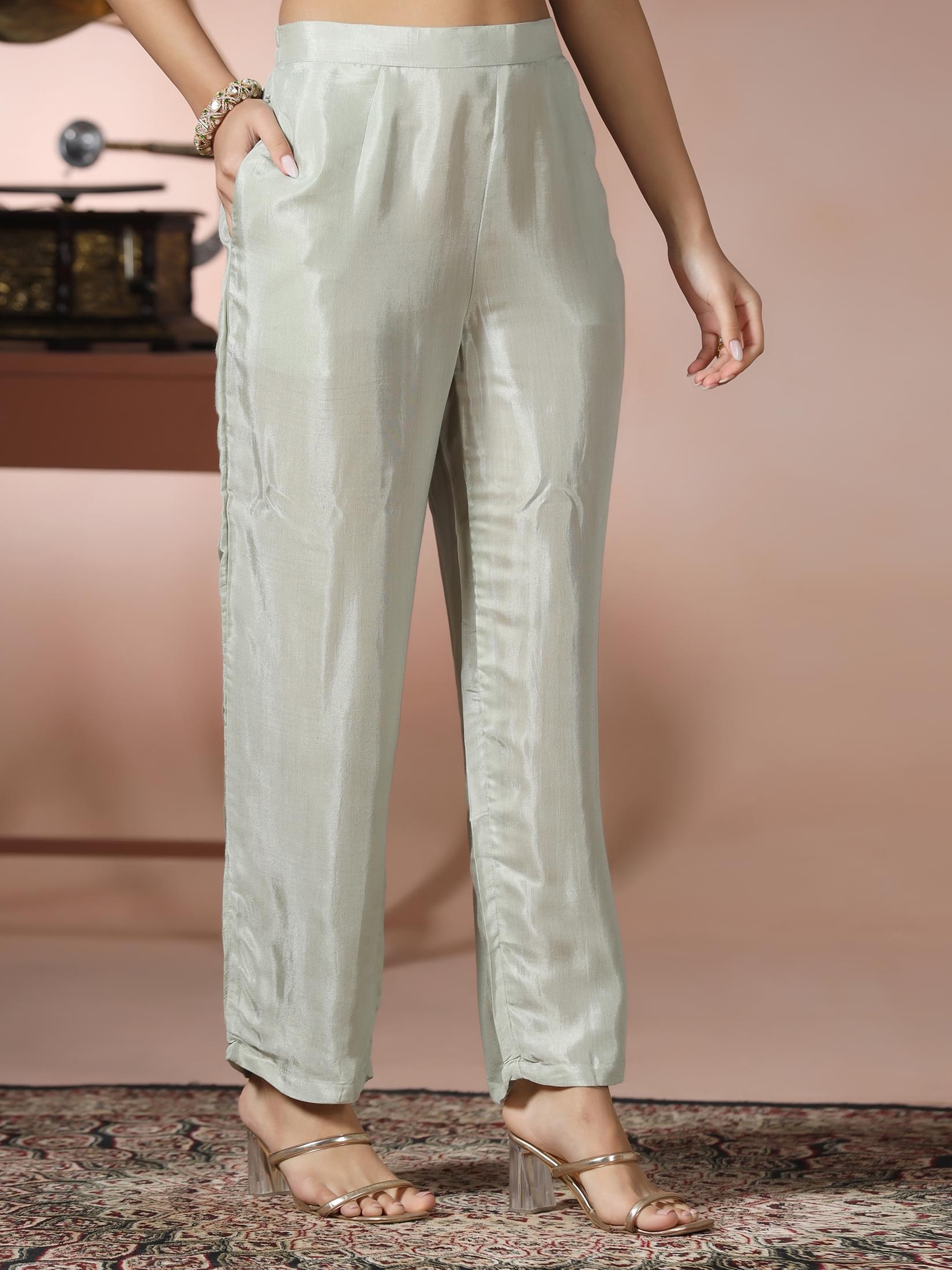 Women Viscose Organza Green Embroidered Kurta Comfort Pant Dupatta.