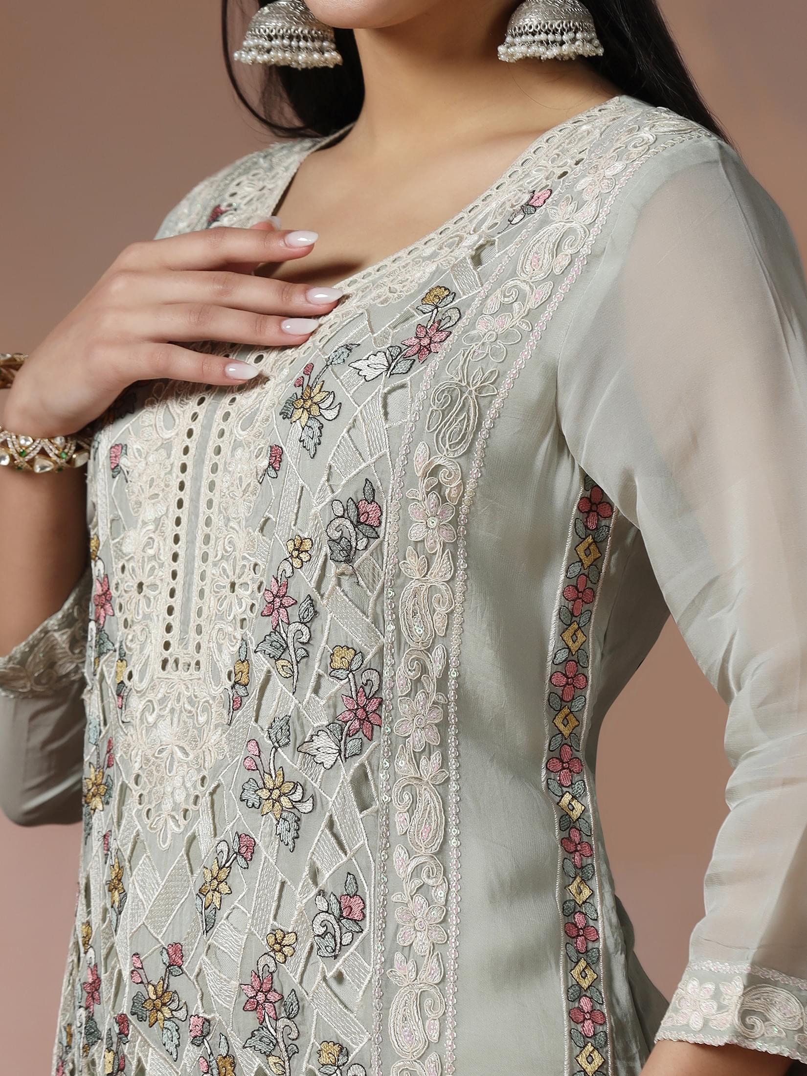 Women Viscose Organza Green Embroidered Kurta Comfort Pant Dupatta.