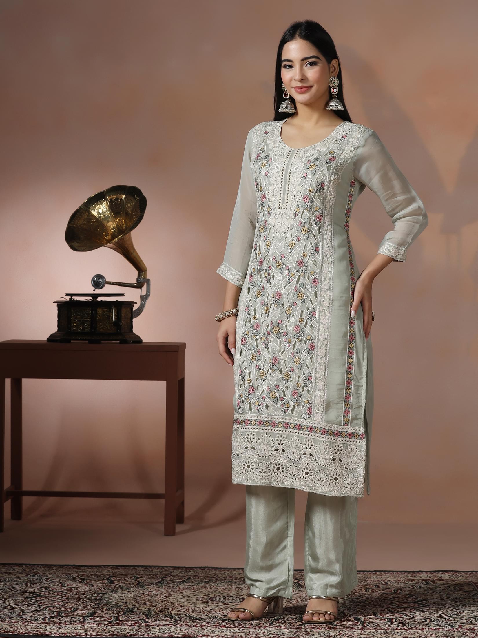Women Viscose Organza Green Embroidered Kurta Comfort Pant Dupatta.