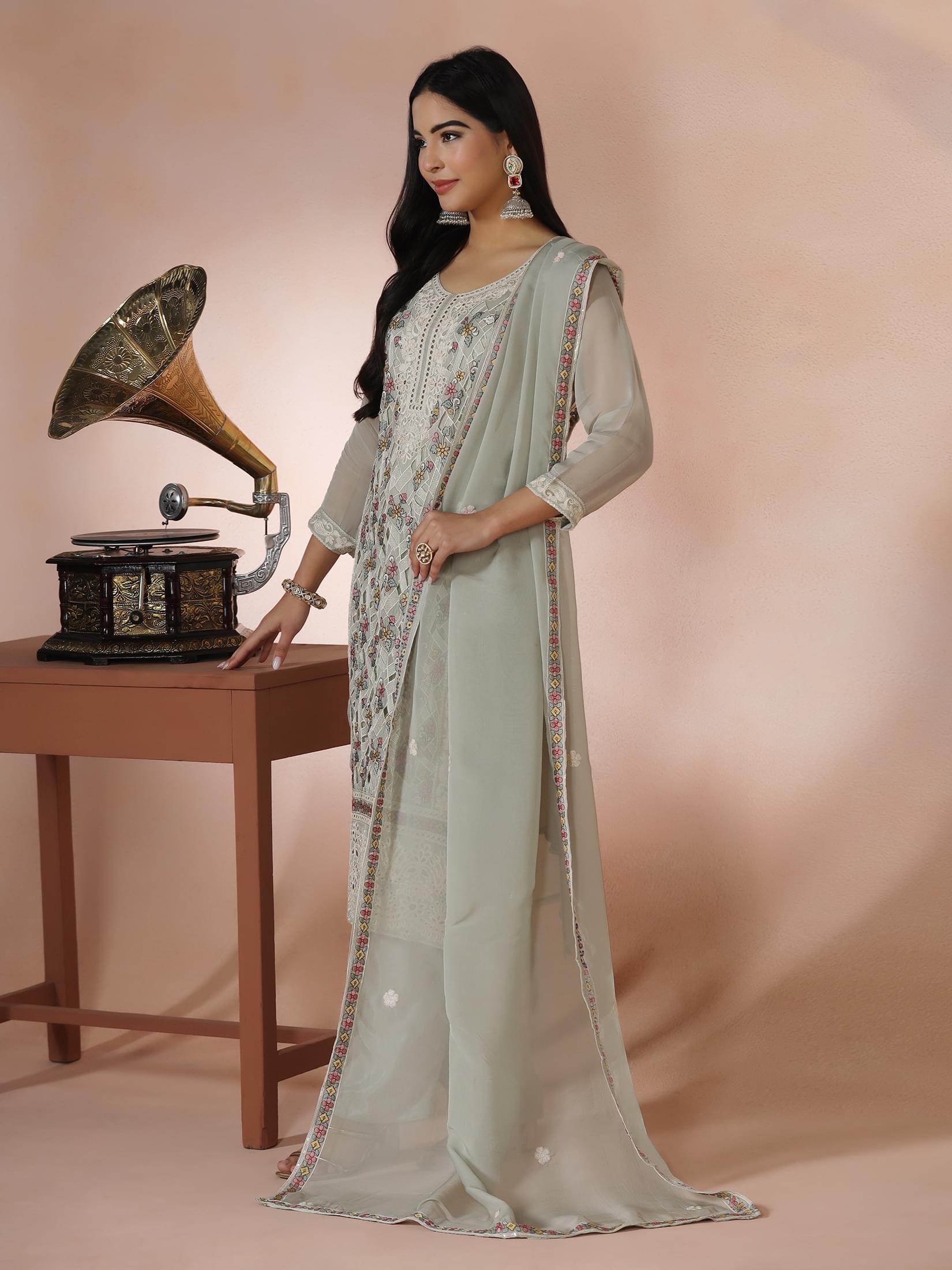 Women Viscose Organza Green Embroidered Kurta Comfort Pant Dupatta.