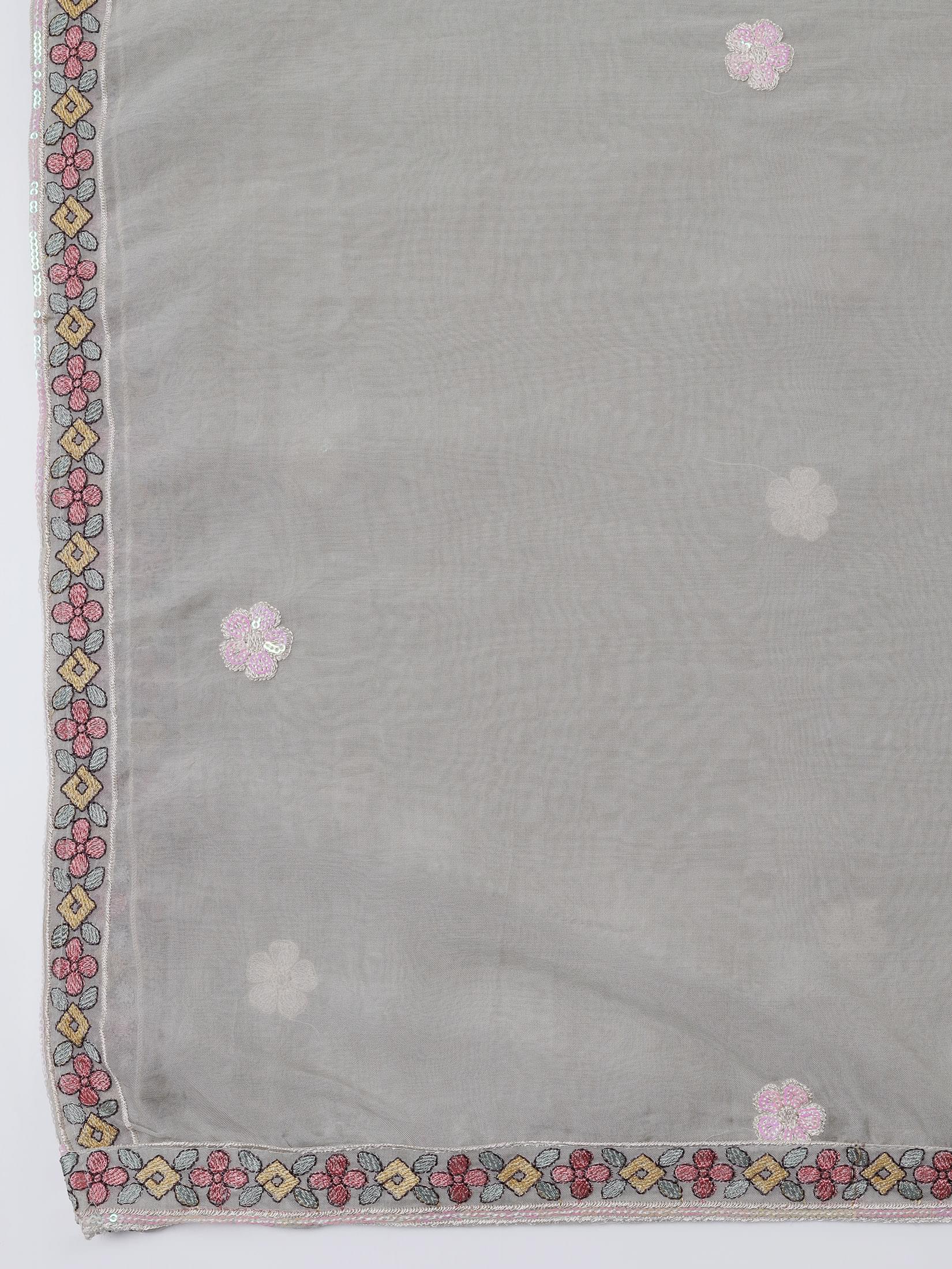 Women Viscose Organza Green Embroidered Kurta Comfort Pant Dupatta.