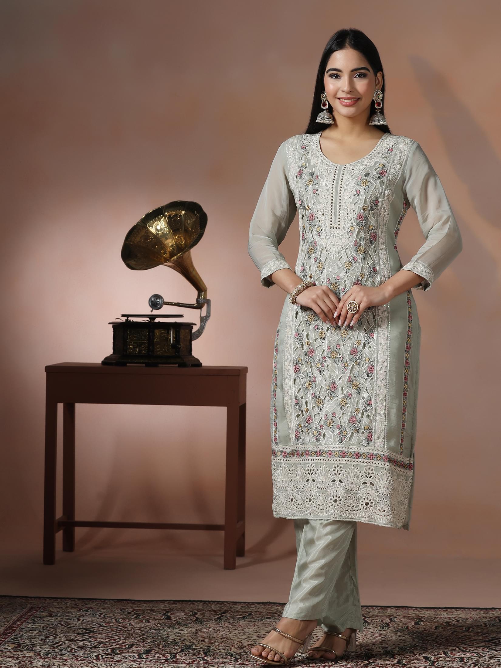Women Viscose Organza Green Embroidered Kurta Comfort Pant Dupatta.