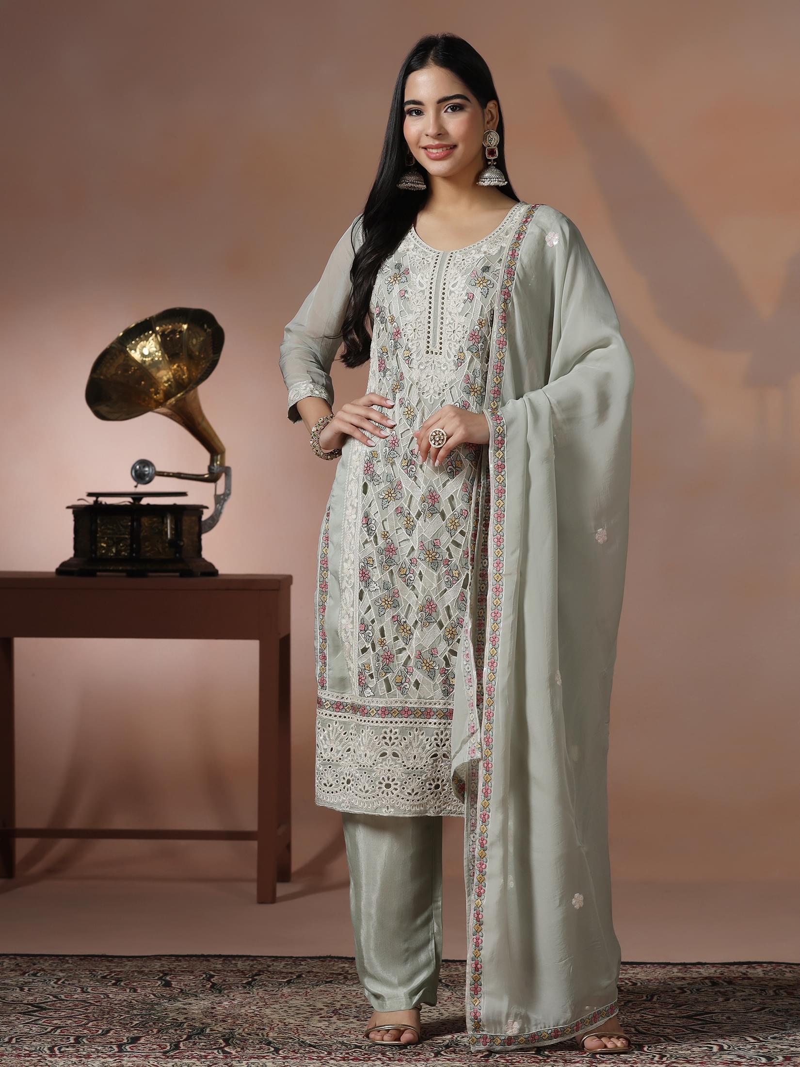 Women Viscose Organza Green Embroidered Kurta Comfort Pant Dupatta.