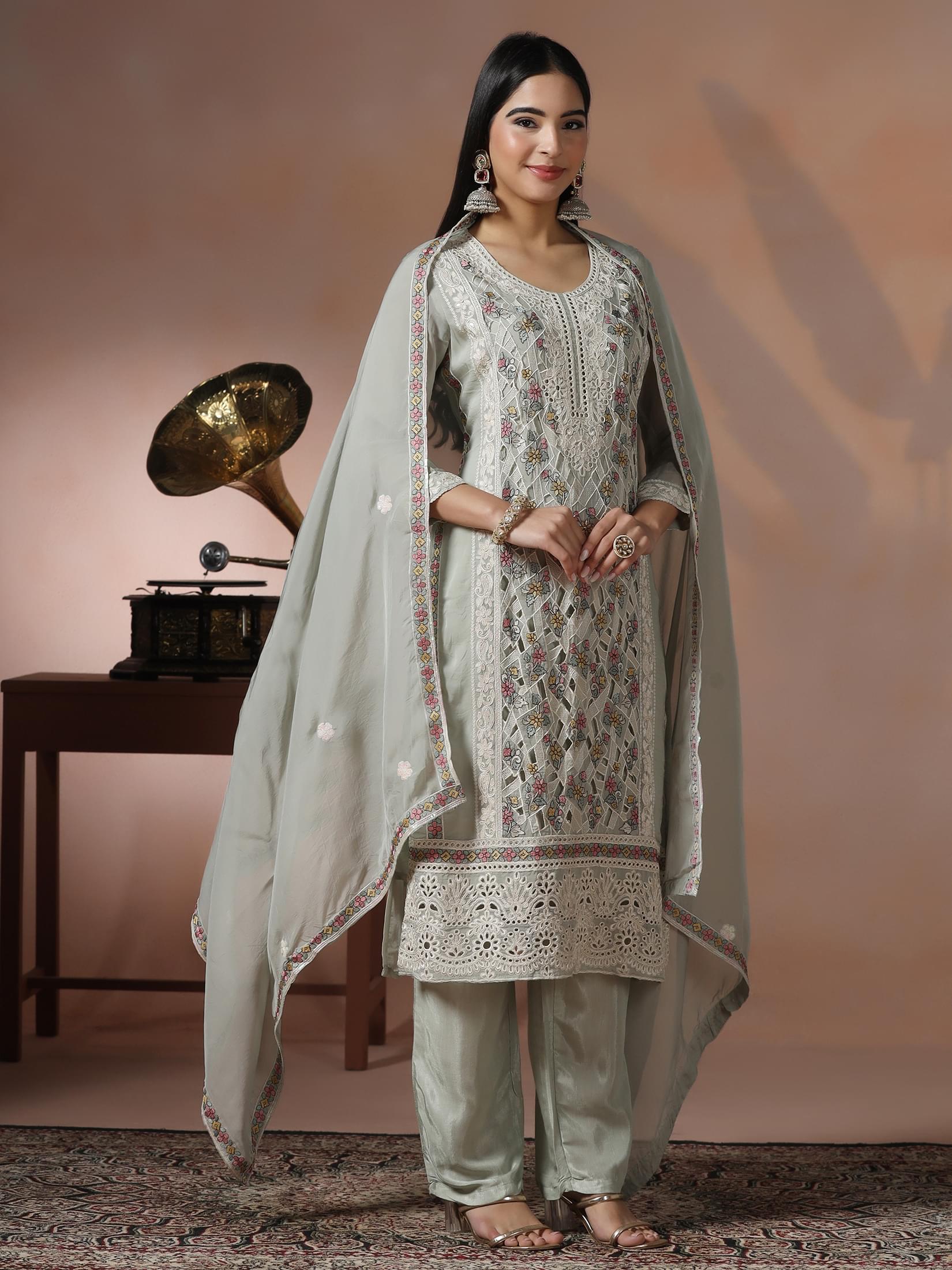 Women Viscose Organza Green Embroidered Kurta Comfort Pant Dupatta.