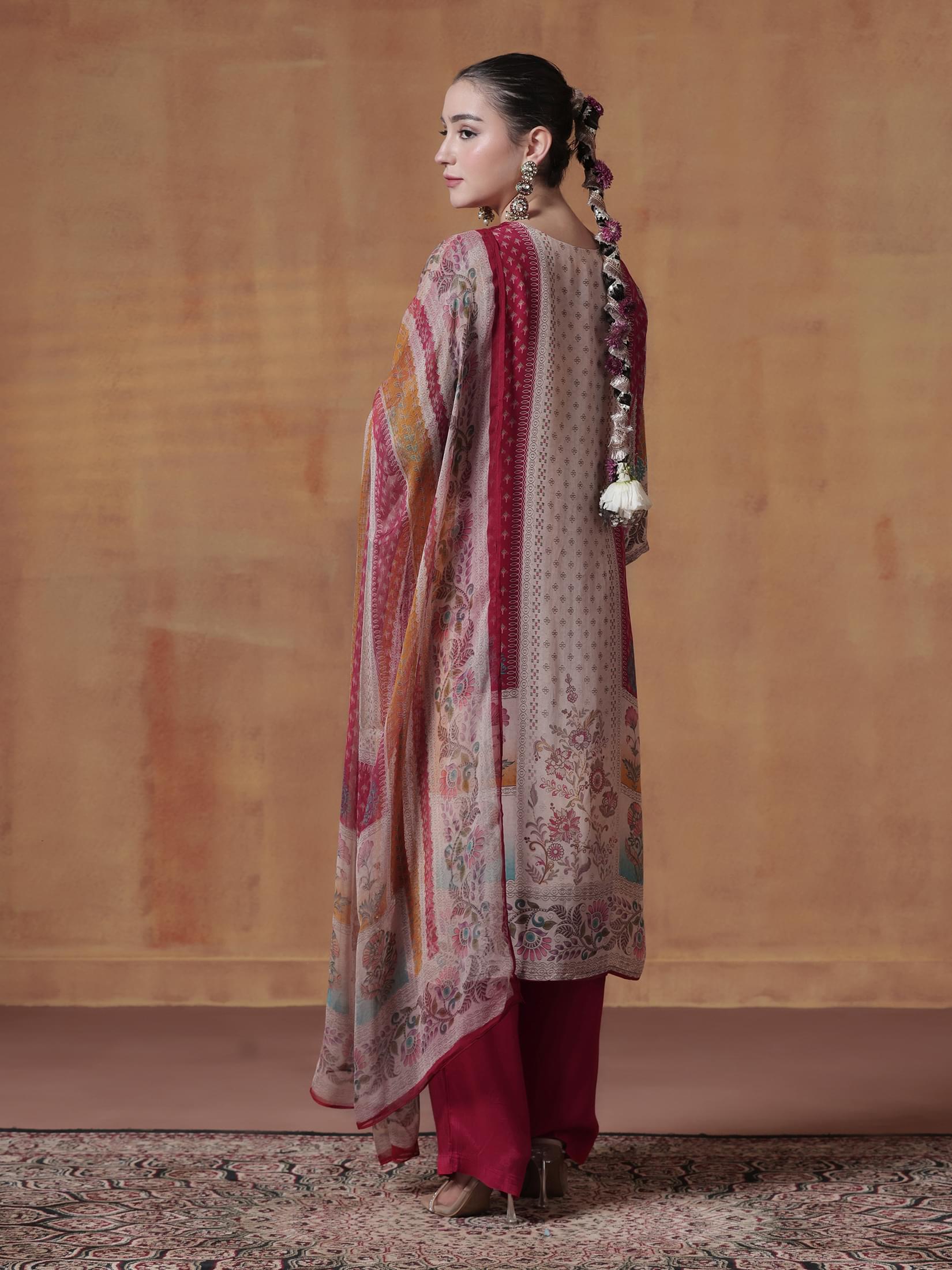 Women Natural Crepe Red Multicolor Printed Kurta Comfort Pant Dupatta.