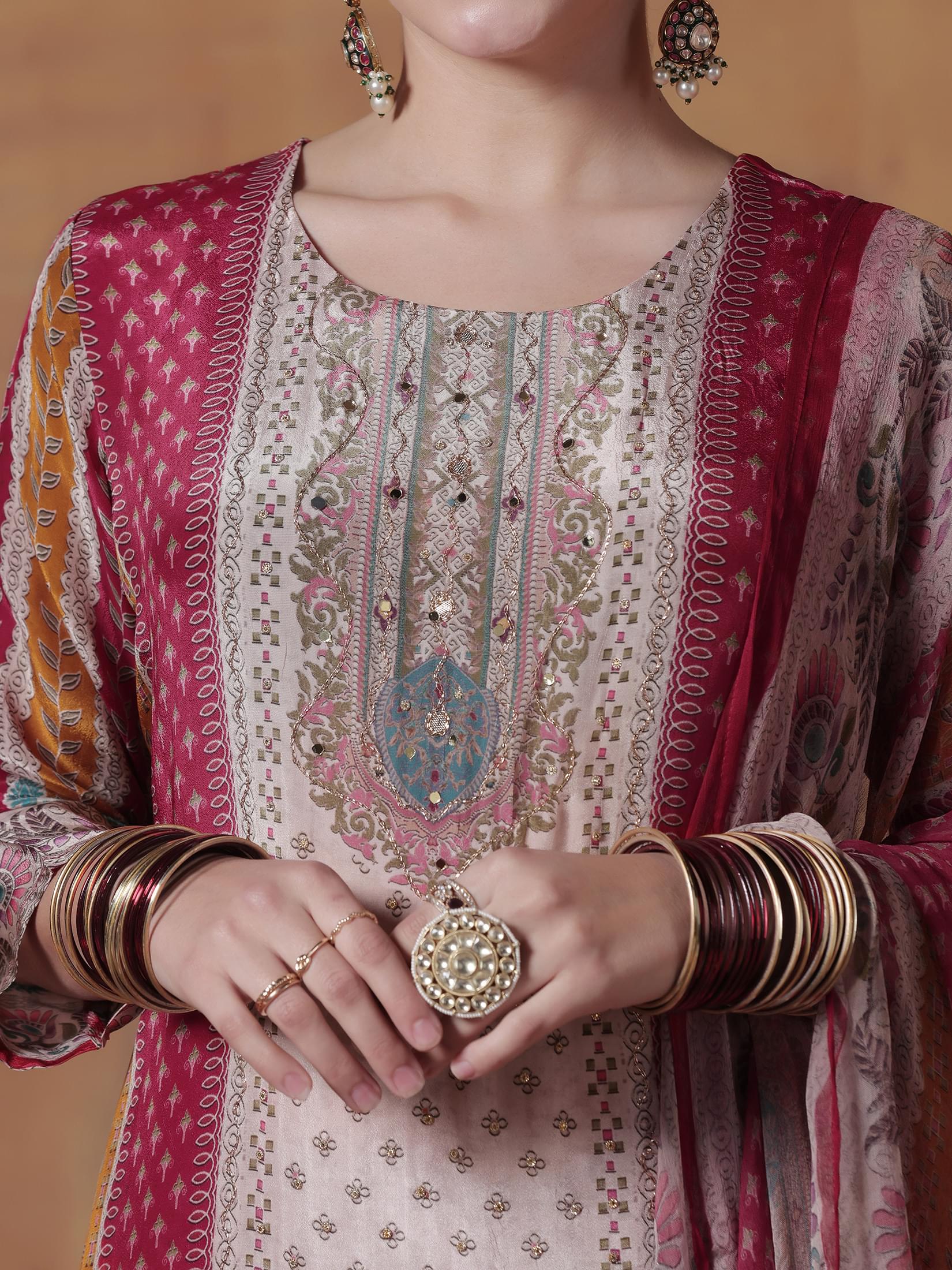 Women Natural Crepe Red Multicolor Printed Kurta Comfort Pant Dupatta.