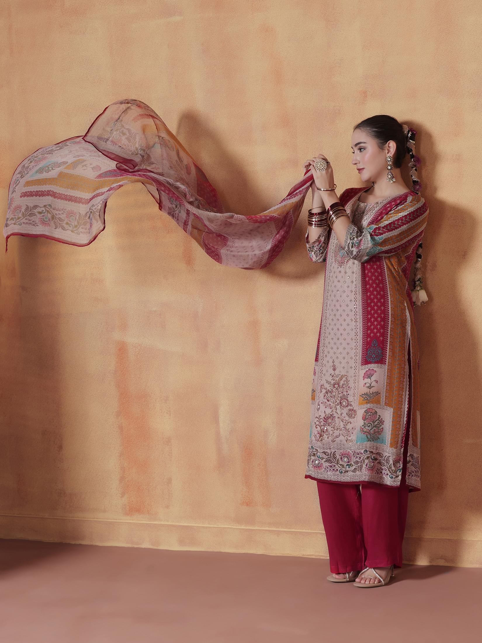 Women Natural Crepe Red Multicolor Printed Kurta Comfort Pant Dupatta.