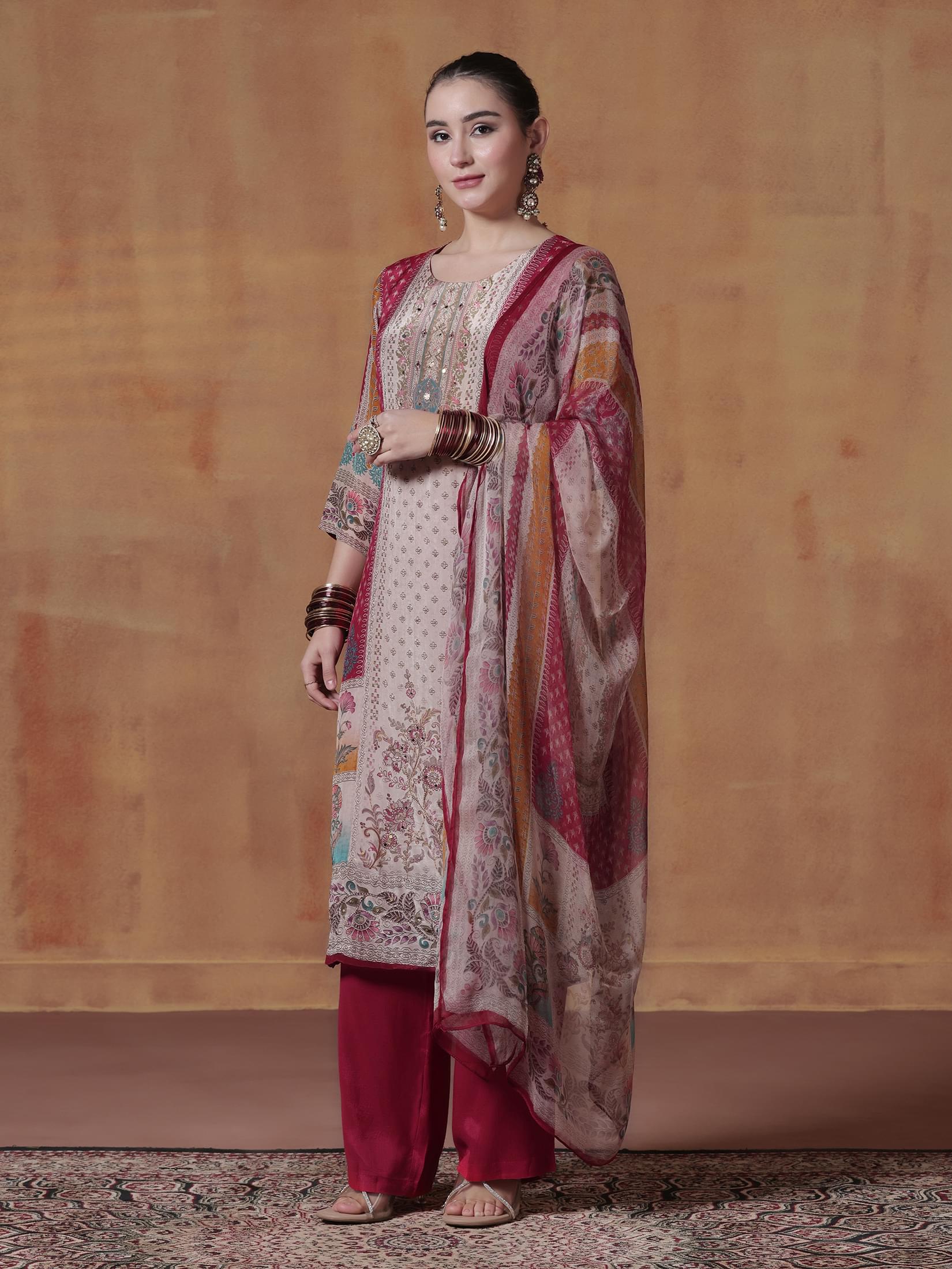 Women Natural Crepe Red Multicolor Printed Kurta Comfort Pant Dupatta.