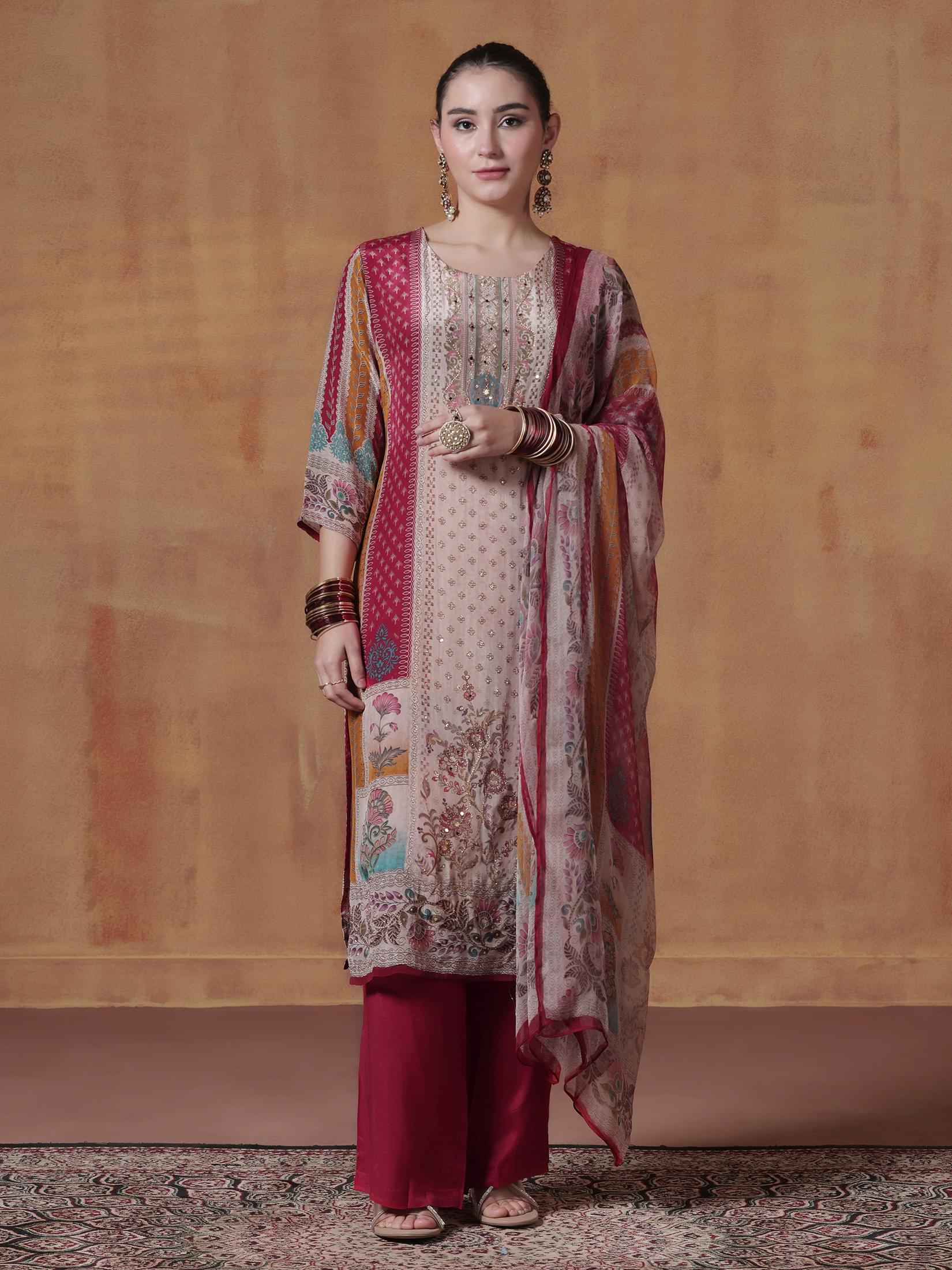 Women Natural Crepe Red Multicolor Printed Kurta Comfort Pant Dupatta.