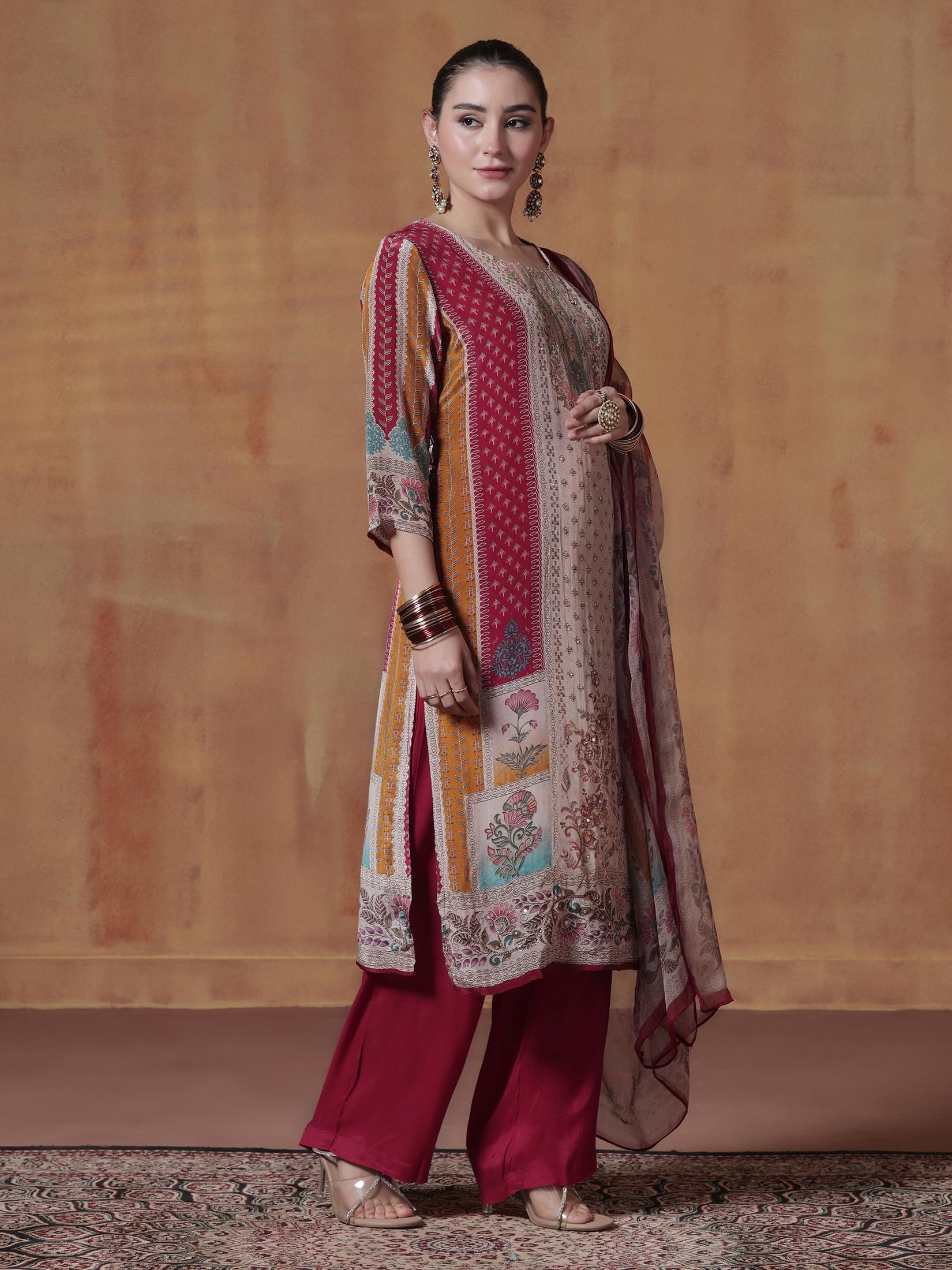 Women Natural Crepe Red Multicolor Printed Kurta Comfort Pant Dupatta.
