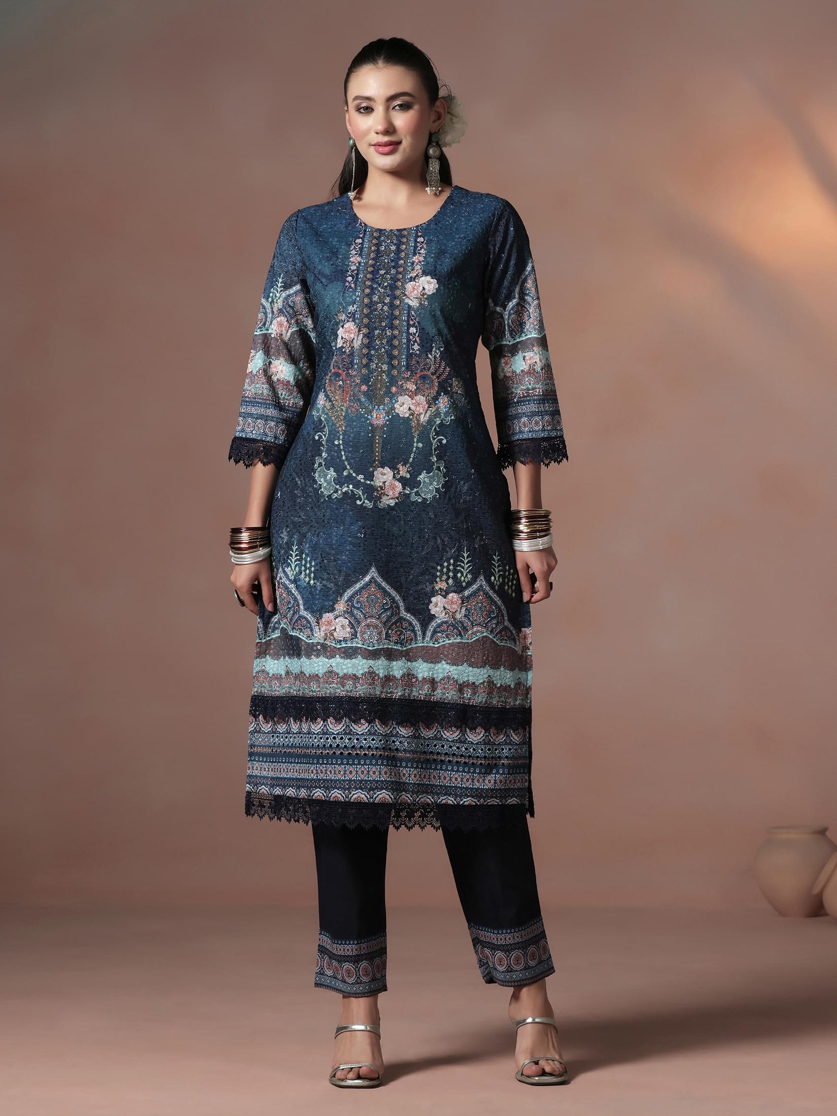 Women Cotton Navy Blue Embroidered Kurta Comfort Pant Dupatta.