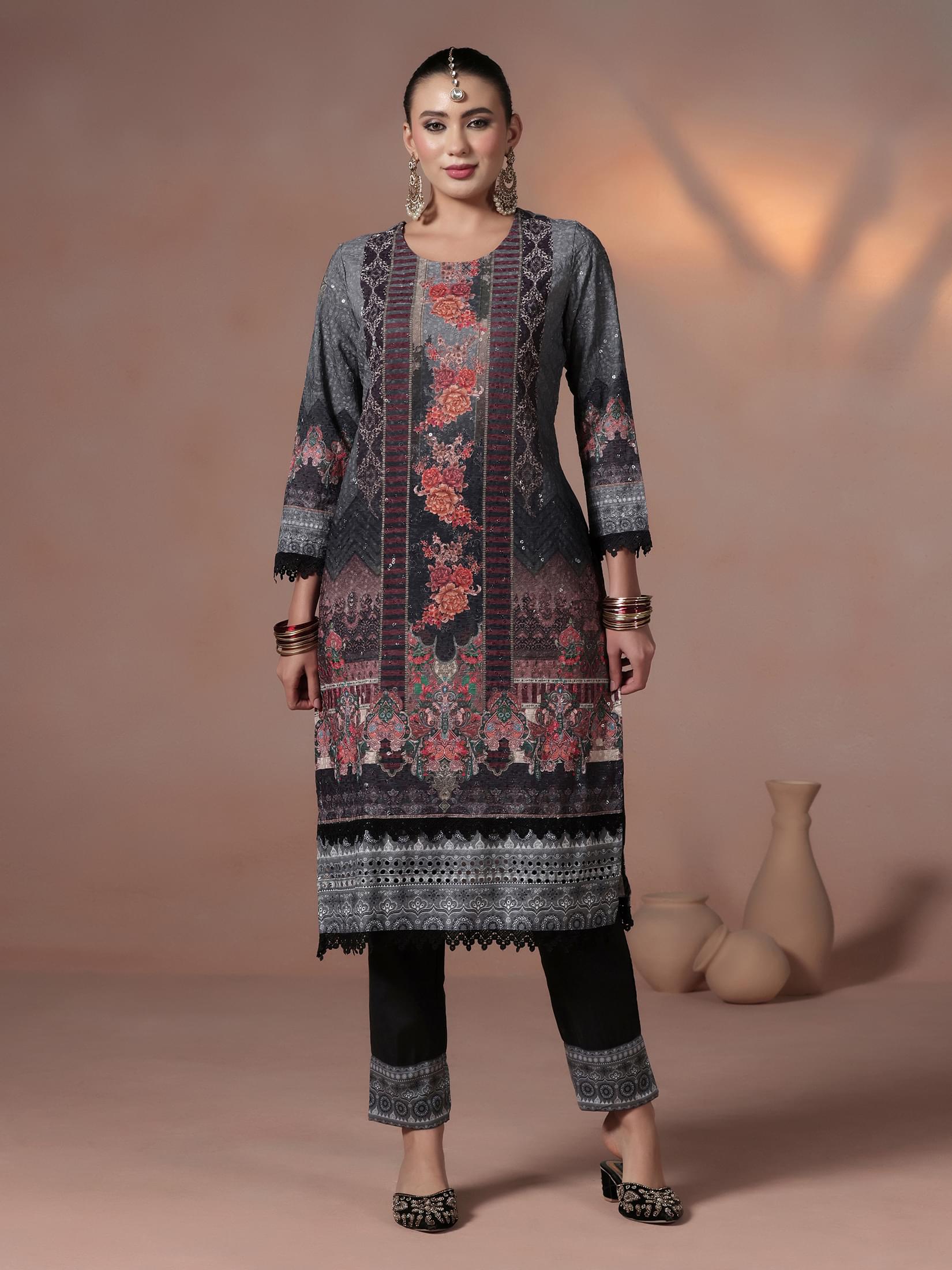 Women Cotton Black Embroidered Kurta Comfort Pant With Dupatta.