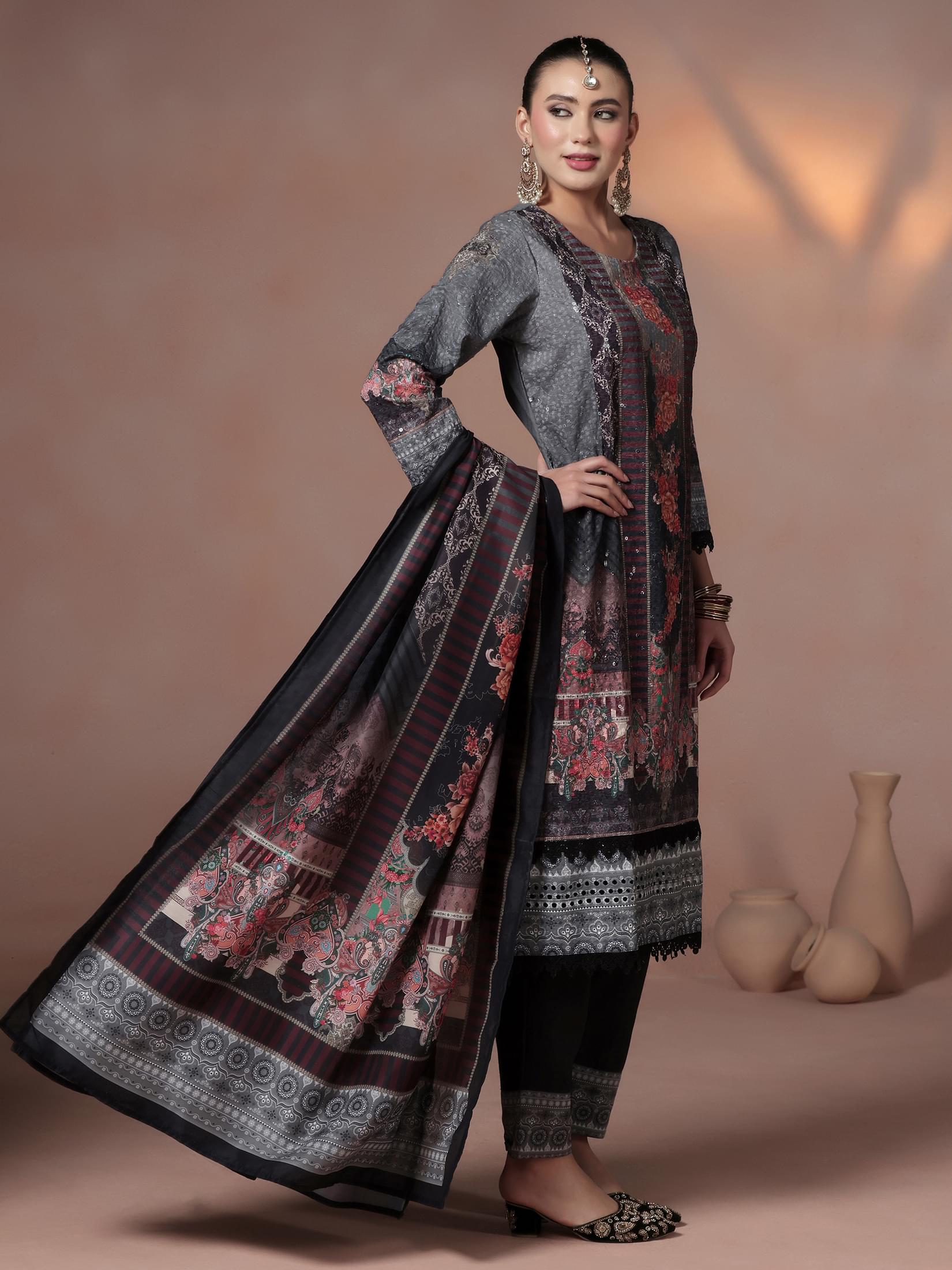 Women Cotton Black Embroidered Kurta Comfort Pant With Dupatta.