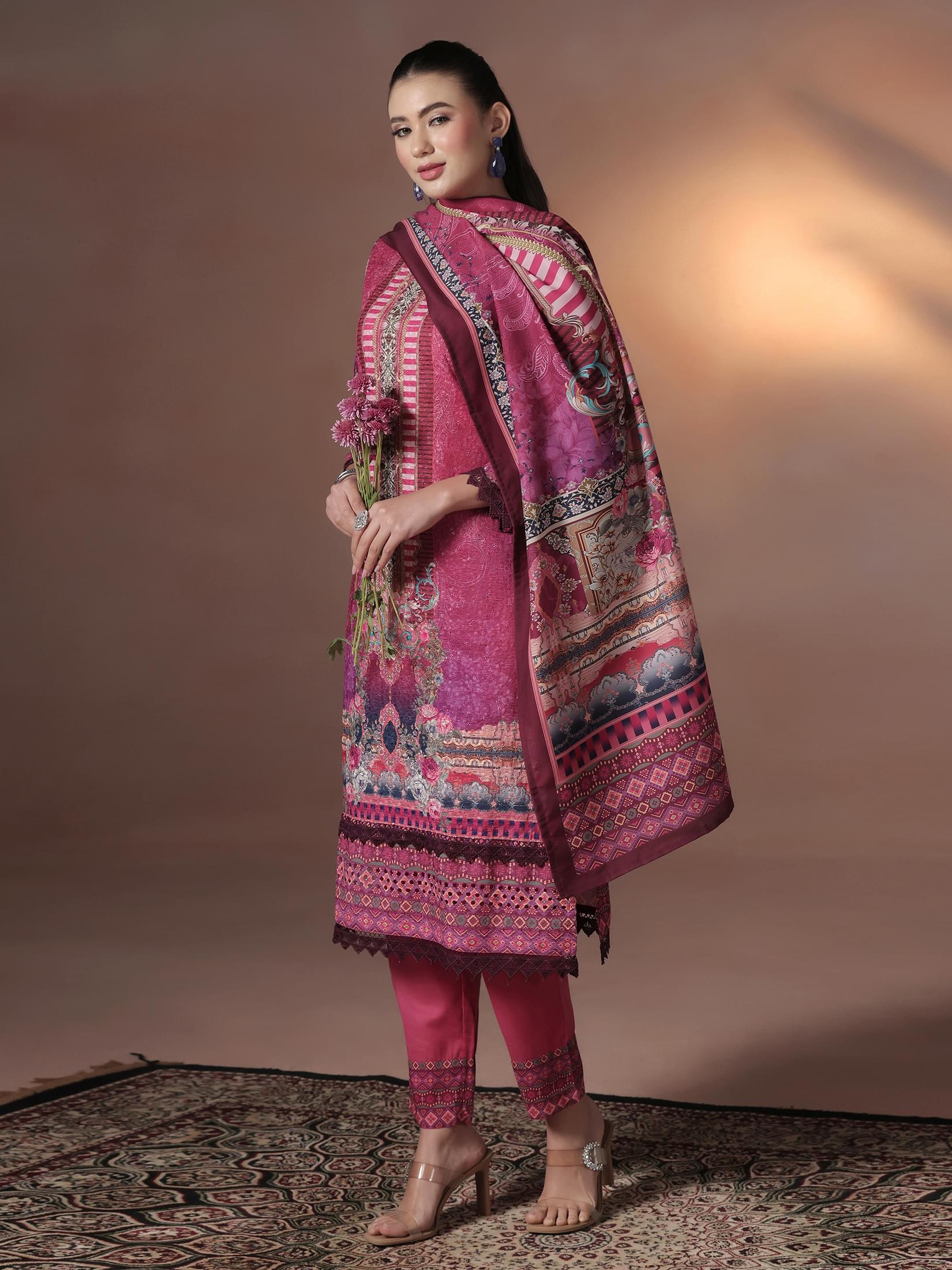 Women Cotton Maroon Embroidered Kurta Comfort Pant Dupatta.