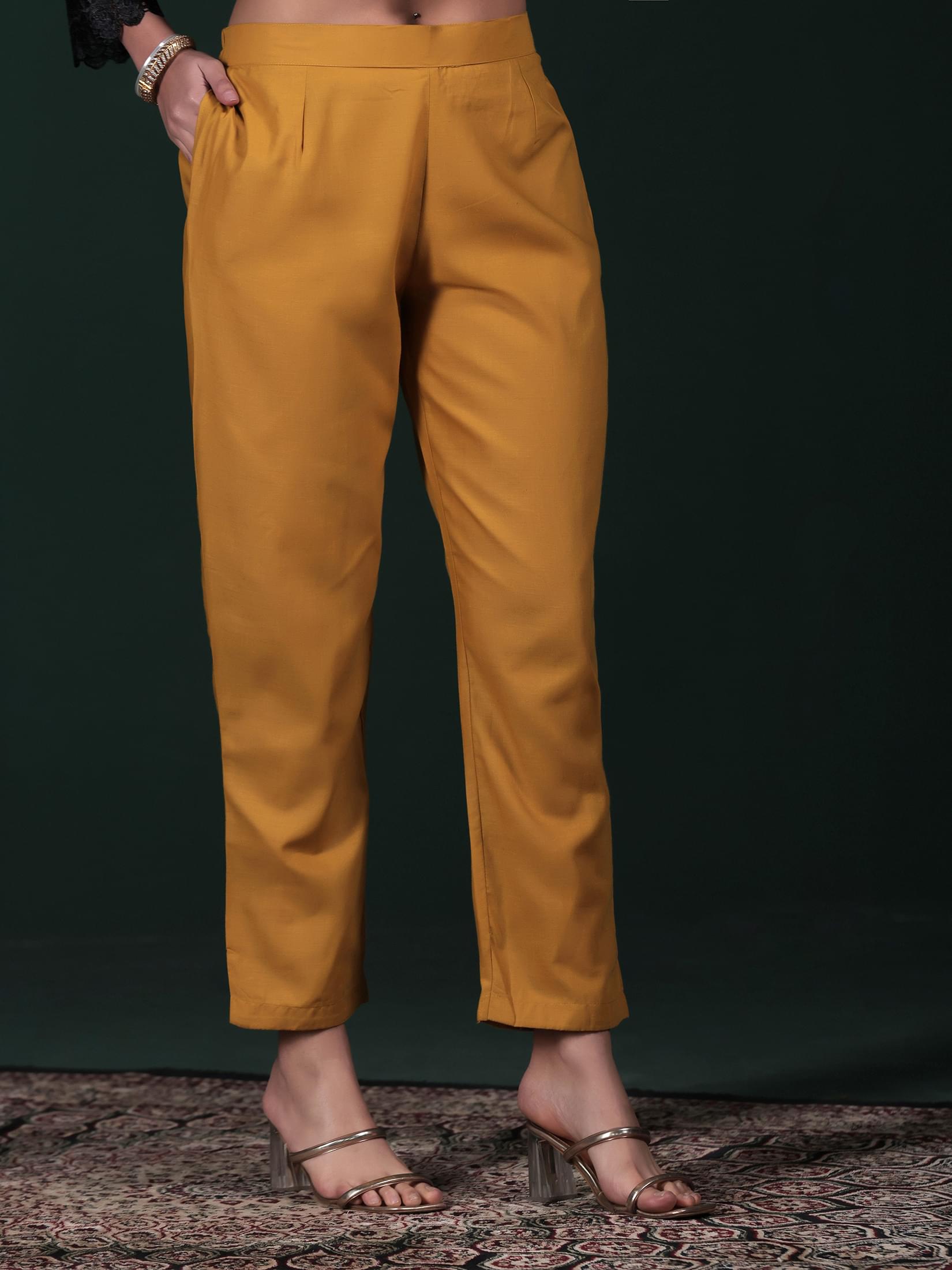 Women Cotton Mustard Embroidered Kurta Comfort Pant Dupatta.