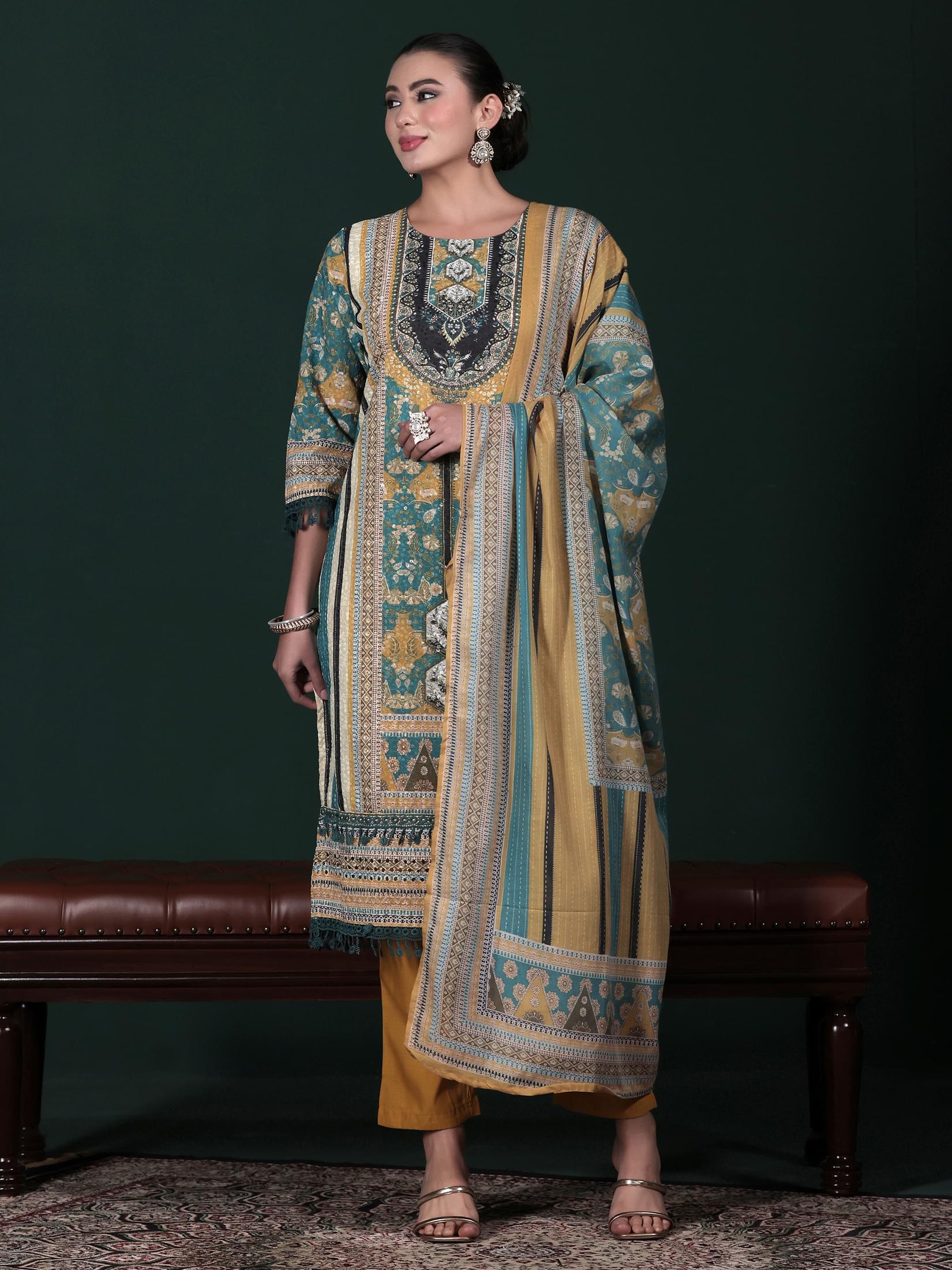 Women Cotton Mustard Embroidered Kurta Comfort Pant Dupatta.