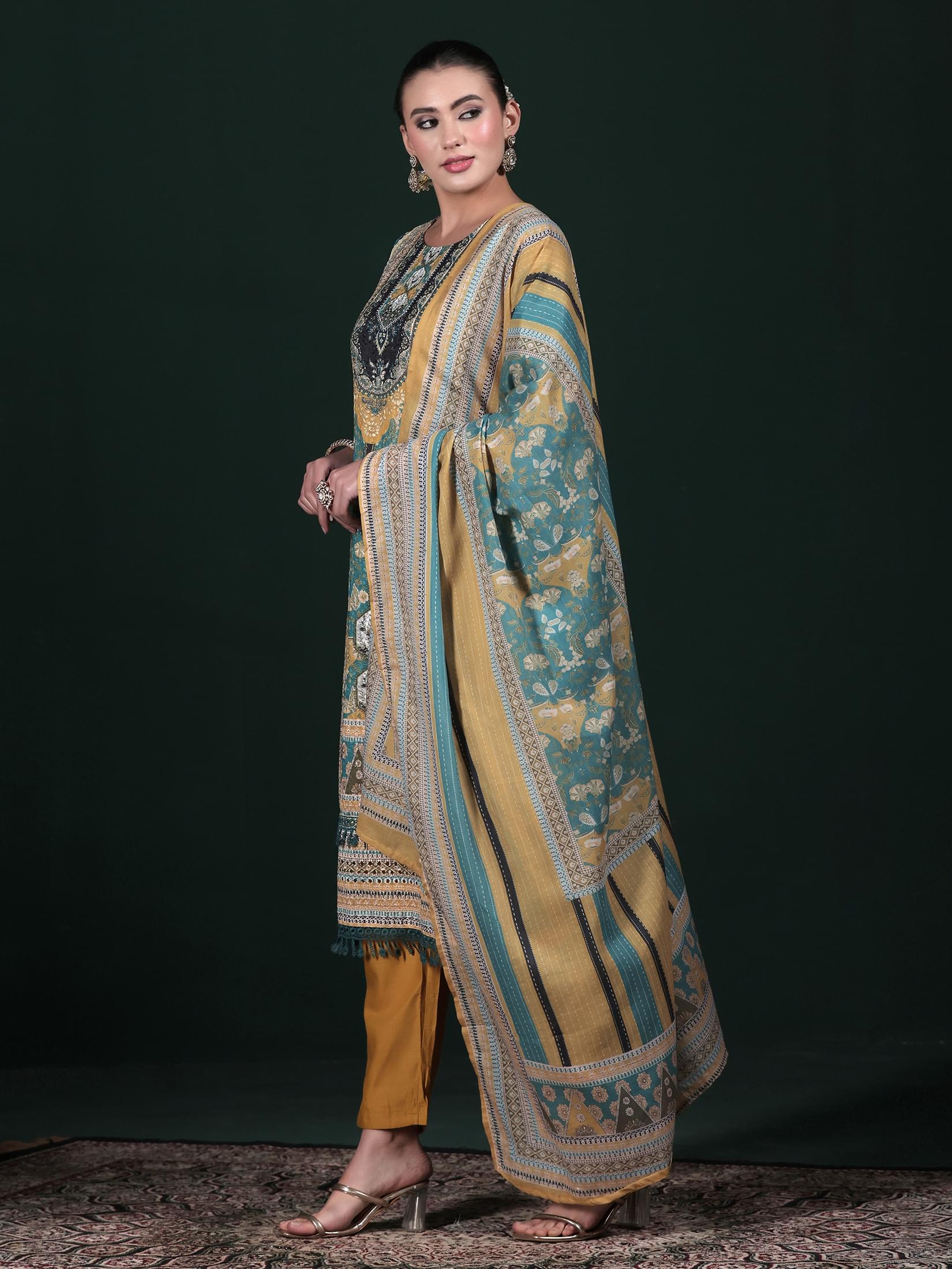 Women Cotton Mustard Embroidered Kurta Comfort Pant Dupatta.