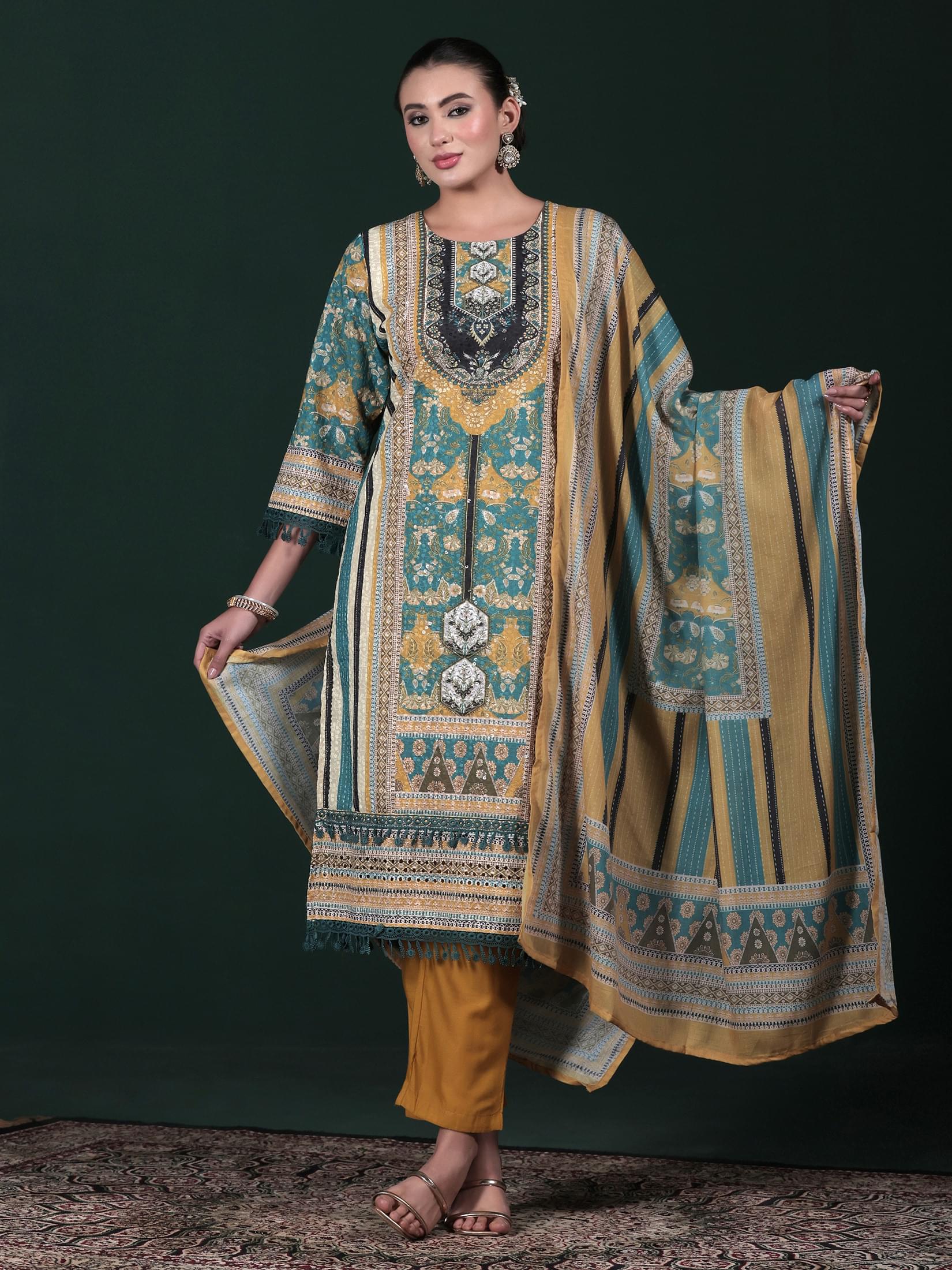 Women Cotton Mustard Embroidered Kurta Comfort Pant Dupatta.