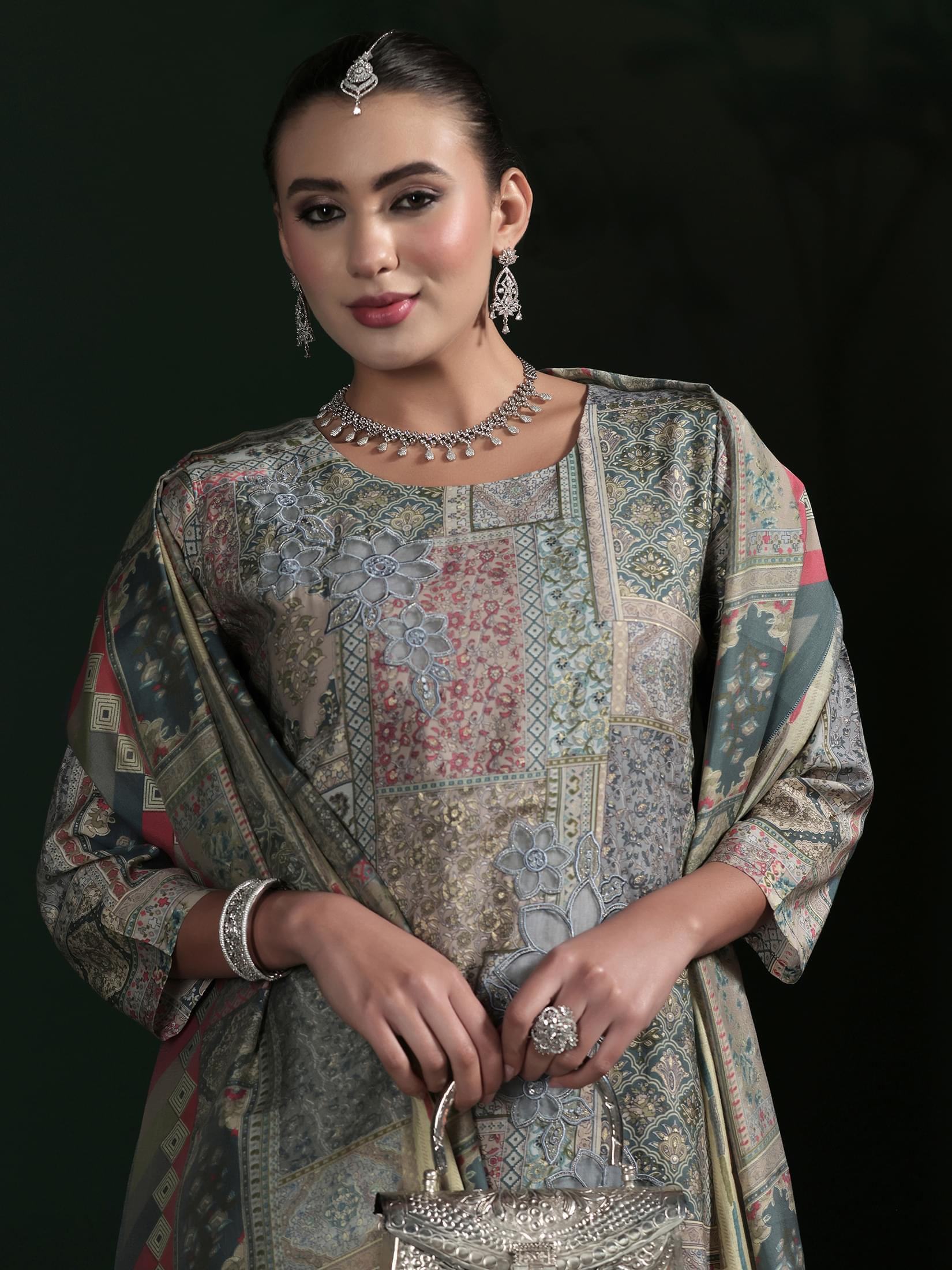 Women Chanderi Grey Embroidered Kurta Comfort Pant Dupatta.