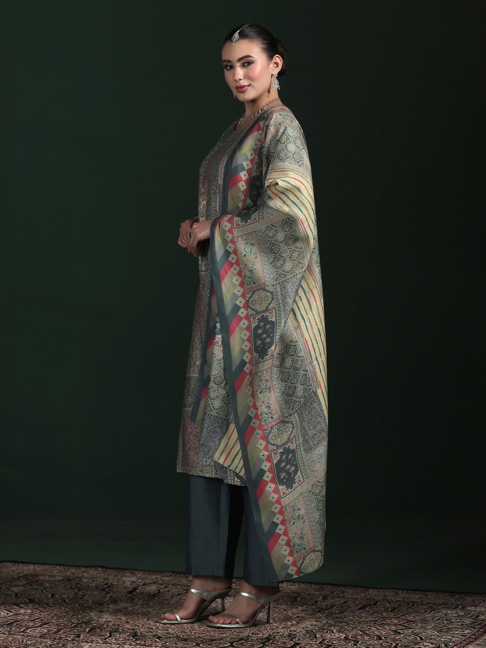 Women Chanderi Grey Embroidered Kurta Comfort Pant Dupatta.