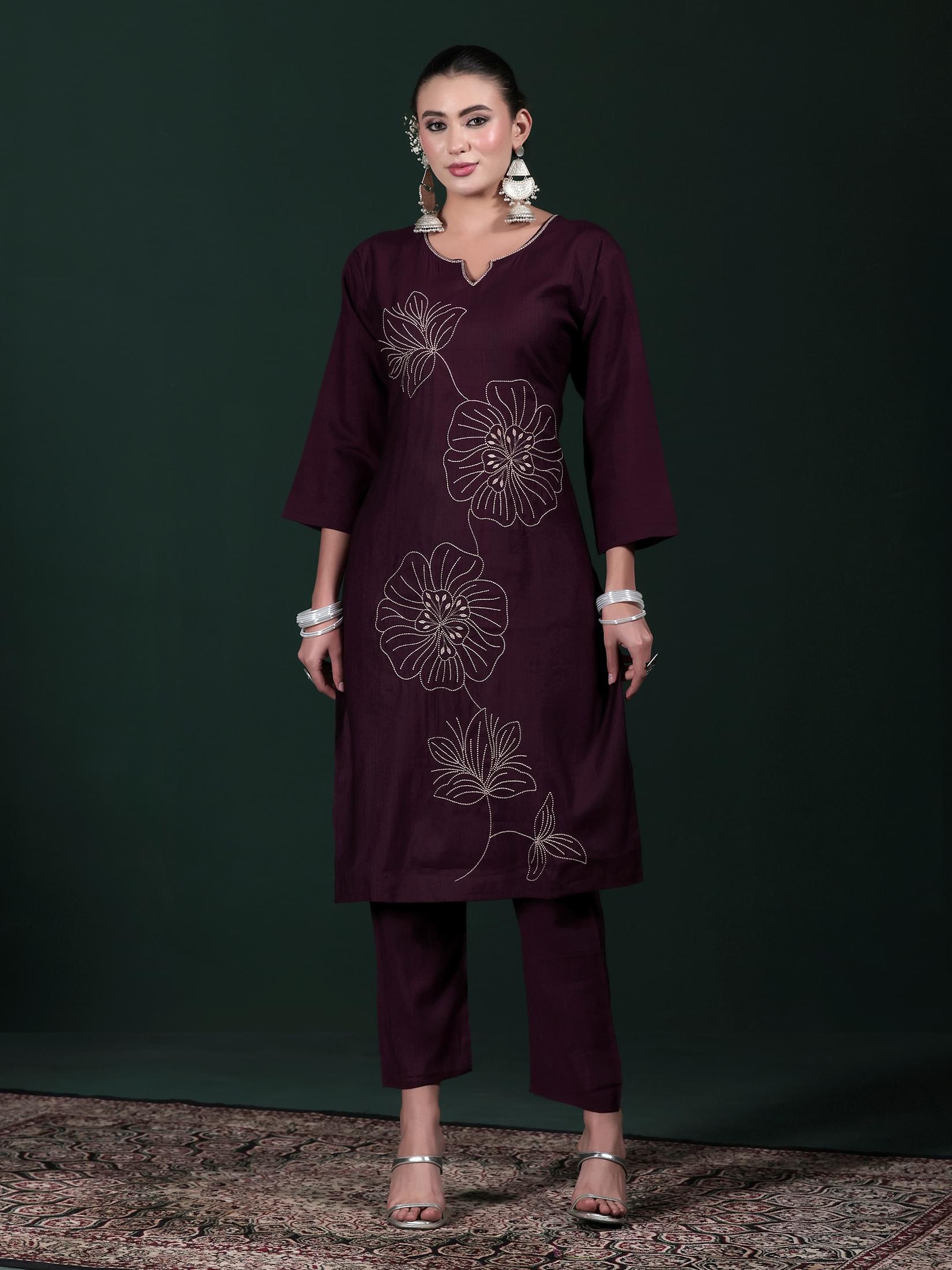 Women Poly Viscose Purple Embroidered Kurta Comfort Pant Dupatta.