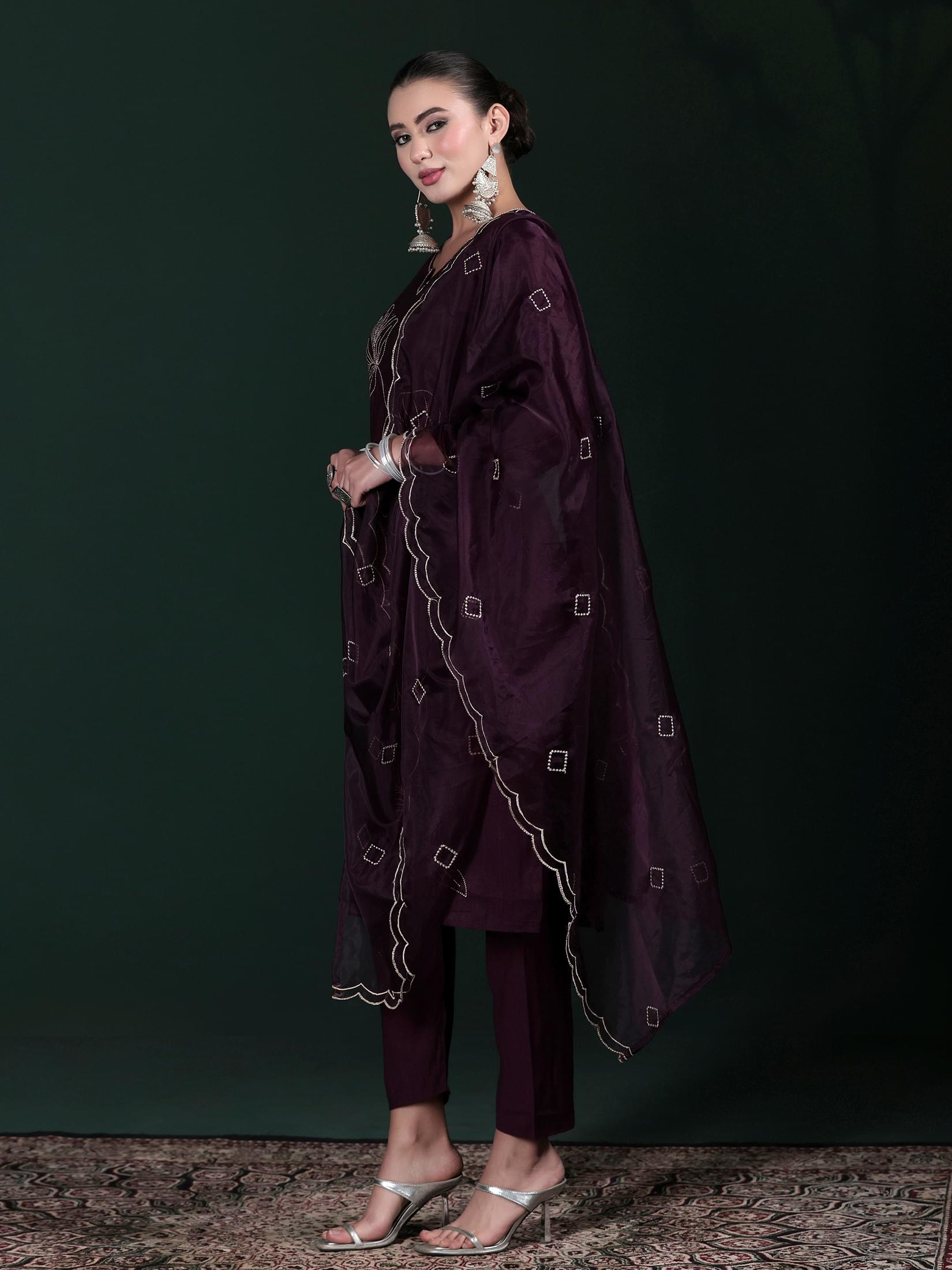 Women Poly Viscose Purple Embroidered Kurta Comfort Pant Dupatta.
