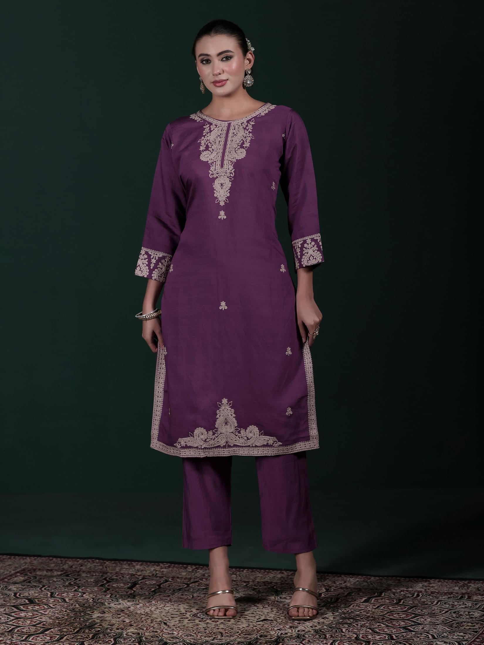 Women Poly Viscose Lilac Embroidered Kurta Comfort Pant Dupatta.