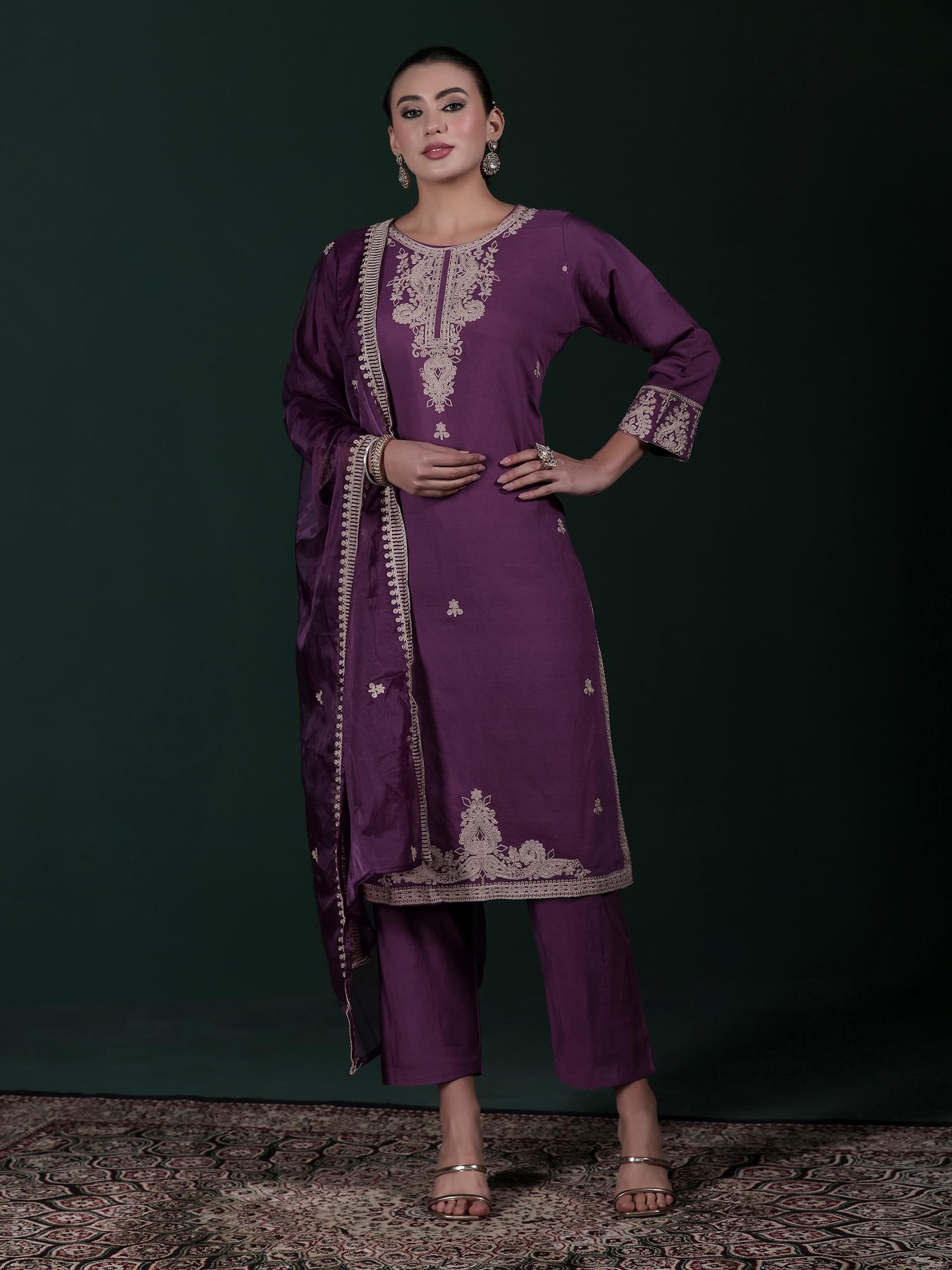 Women Poly Viscose Lilac Embroidered Kurta Comfort Pant Dupatta.