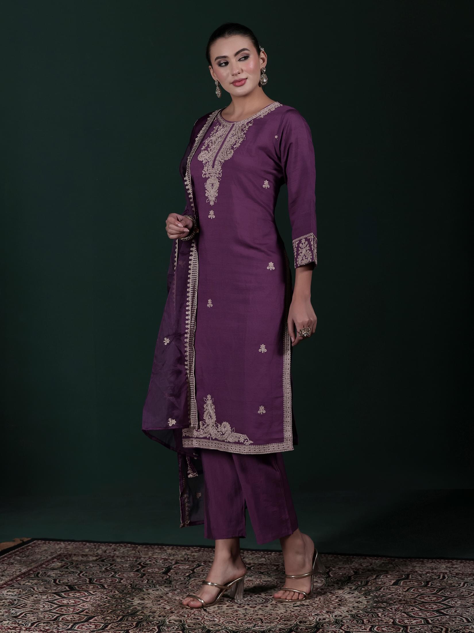 Women Poly Viscose Lilac Embroidered Kurta Comfort Pant Dupatta.