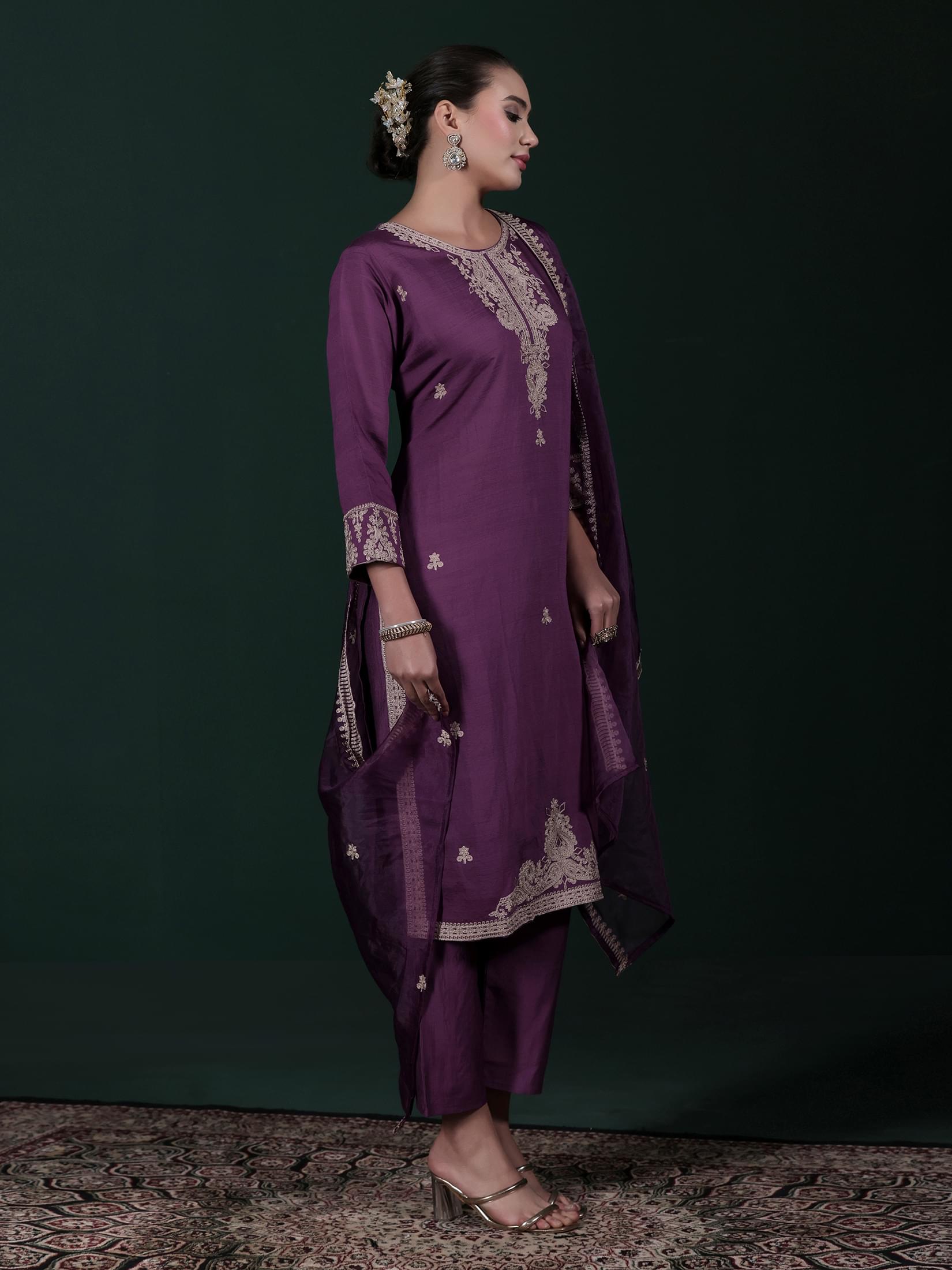 Women Poly Viscose Lilac Embroidered Kurta Comfort Pant Dupatta.