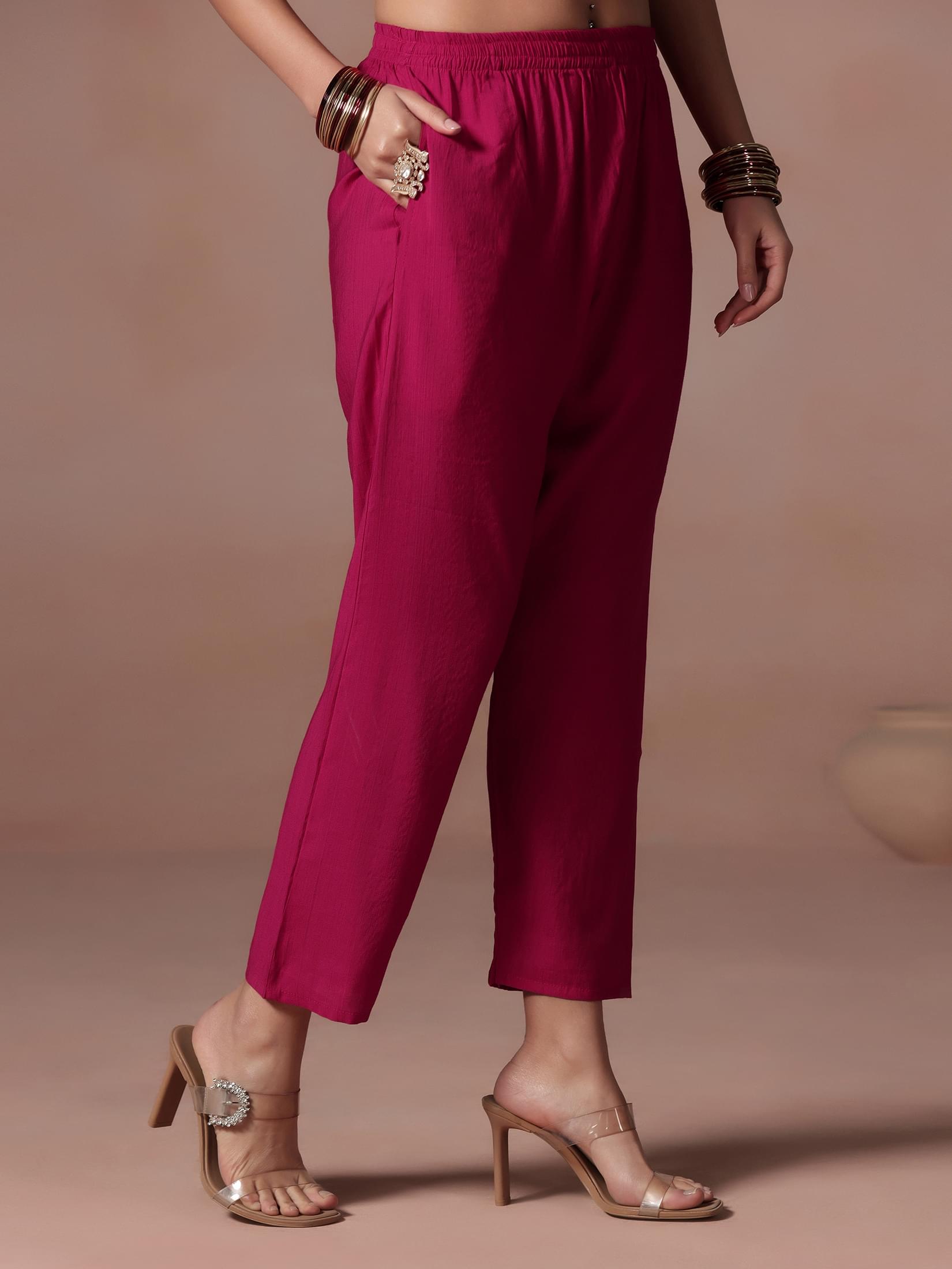 Women Poly Viscose Pink Embroidered Kurta Comfort Pant Dupatta.